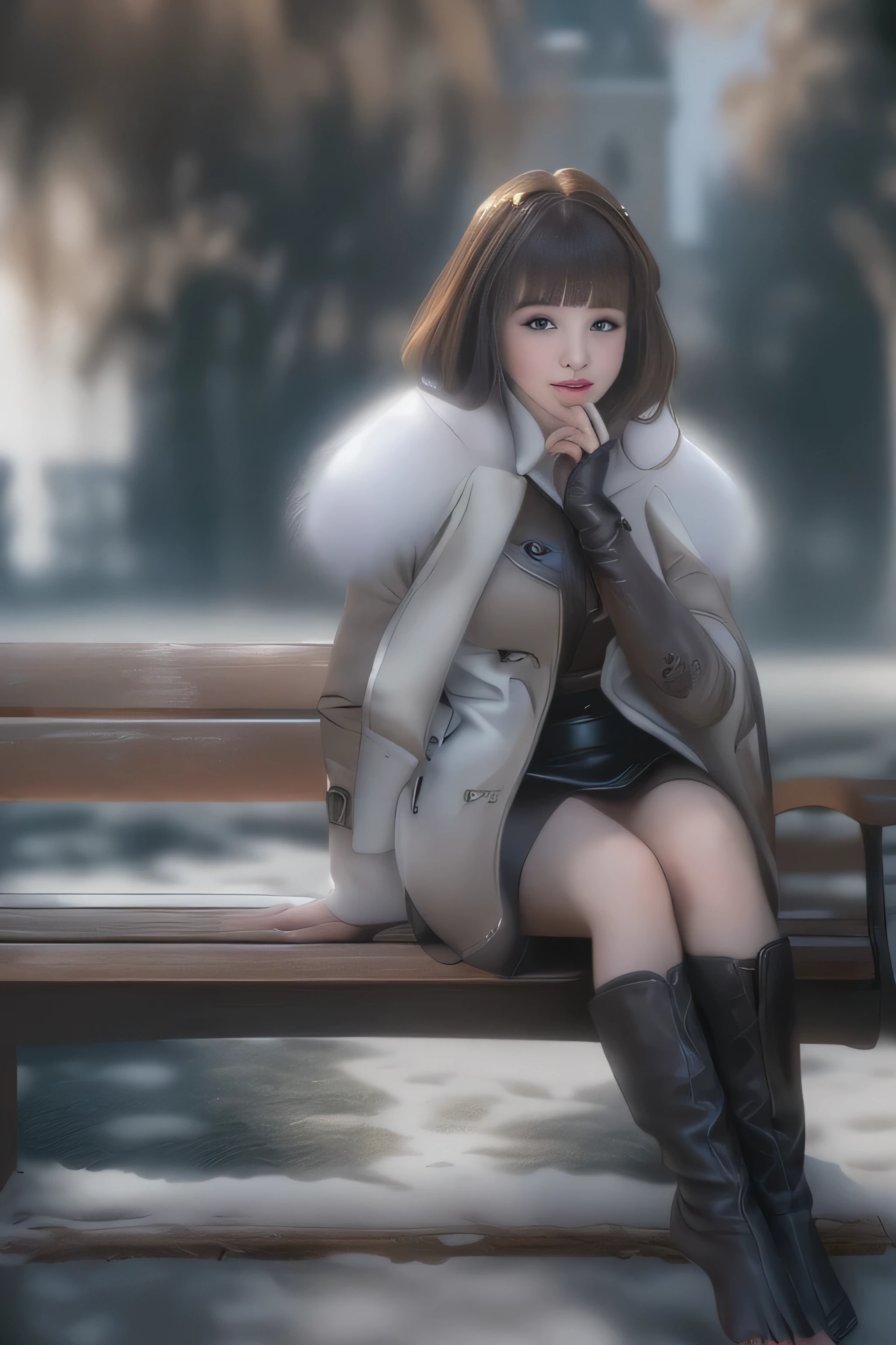 (Girl sitting on a bench in a lakeside park）(surreal)、(enlightenment)、(High resolution)、(8k)、(very detailed)、(Best Illustration)、(beautiful detailed eyes)、(highest quality)、(super detailed)、(masterpiece)、(wallpaper）、（detailed face）、solo、1 girl、slim、looking at the viewer、Detailed、detailed face、in the dark night、deep shadow、low key、Pure erotic face ace_v1、laughter、(long chestnut straight hair)、46 point diagonal bangs、(white fur half coat)、(black leather miniskirt)、(barefoot)、(White Half Boots)、(Old European castles are hazy in the background),(white panties are visible)