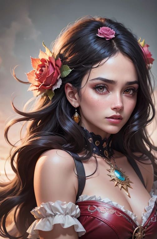 Create the image of a beautiful black-haired gypsy, dressed in colorful clothes covering the entire shoulder and neck, with red roses in the details digital art trending on Artstation 8k HD high definition detailed realistic, circunstanciado, textura da pele, hiper detalhado, textura de pele realista, armadura, melhor qualidade, ultra high-resolution, (fotorrealista:1.4), high resolution, circunstanciado, Foto RAW, sharp re, by Lee Jeffries Nikon D850 film Stock Photography 4 Kodak Portra 400 camera F1.6 lens rich colors hyper realistic lifelike texture dramatic lighting unrealengine trending on artstation cinestill 800,