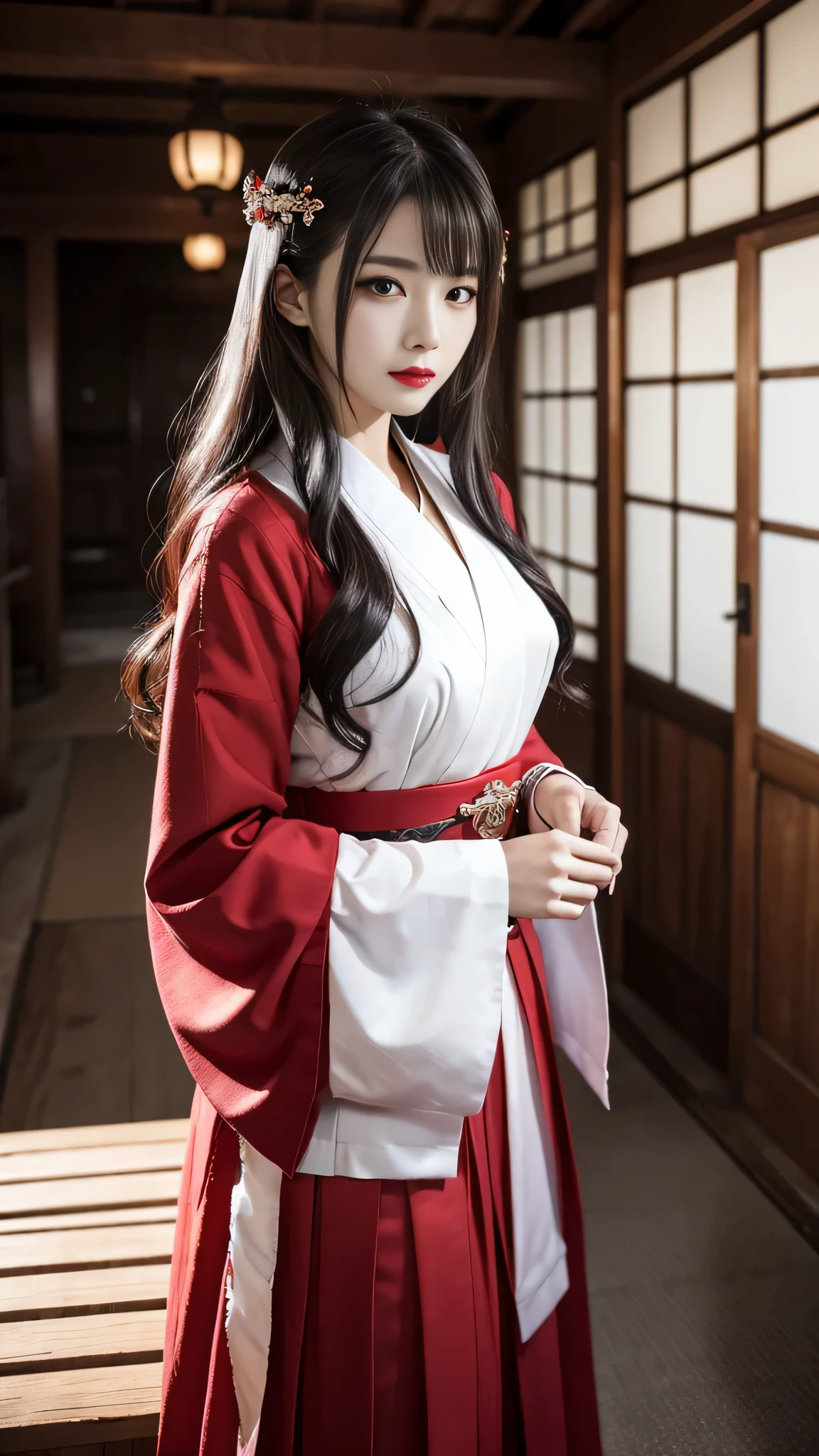 Super detailed、Japanese、charming beauty、seductive adult woman、Beautiful woman、sharp eyes、cool girl、wavy hair、shrine maiden costume、red skirt、wide sleeve、evilの幹部、evil depravity、brainwashing、Mind control、lipstick、grin、evilな表情、evil、empty eyes、evil、Inside a dilapidated building、vampire、vampire、Hypnosis、brainwashinging、Contrasting、makeup brush