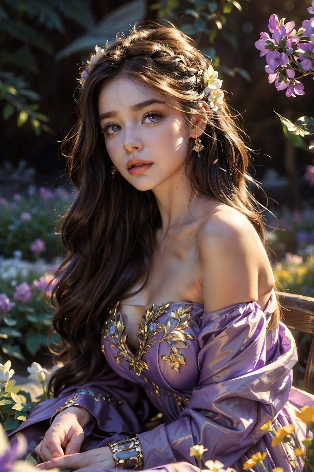 Fantasy, light, garden, many flowers, a girl of about 20 years old with brown hair with wavy strands, plump lips, golden eyes, in a beautiful off-the-shoulder lilac ball gown of the late 19th century, looks like Jaina Proudmoore, hd