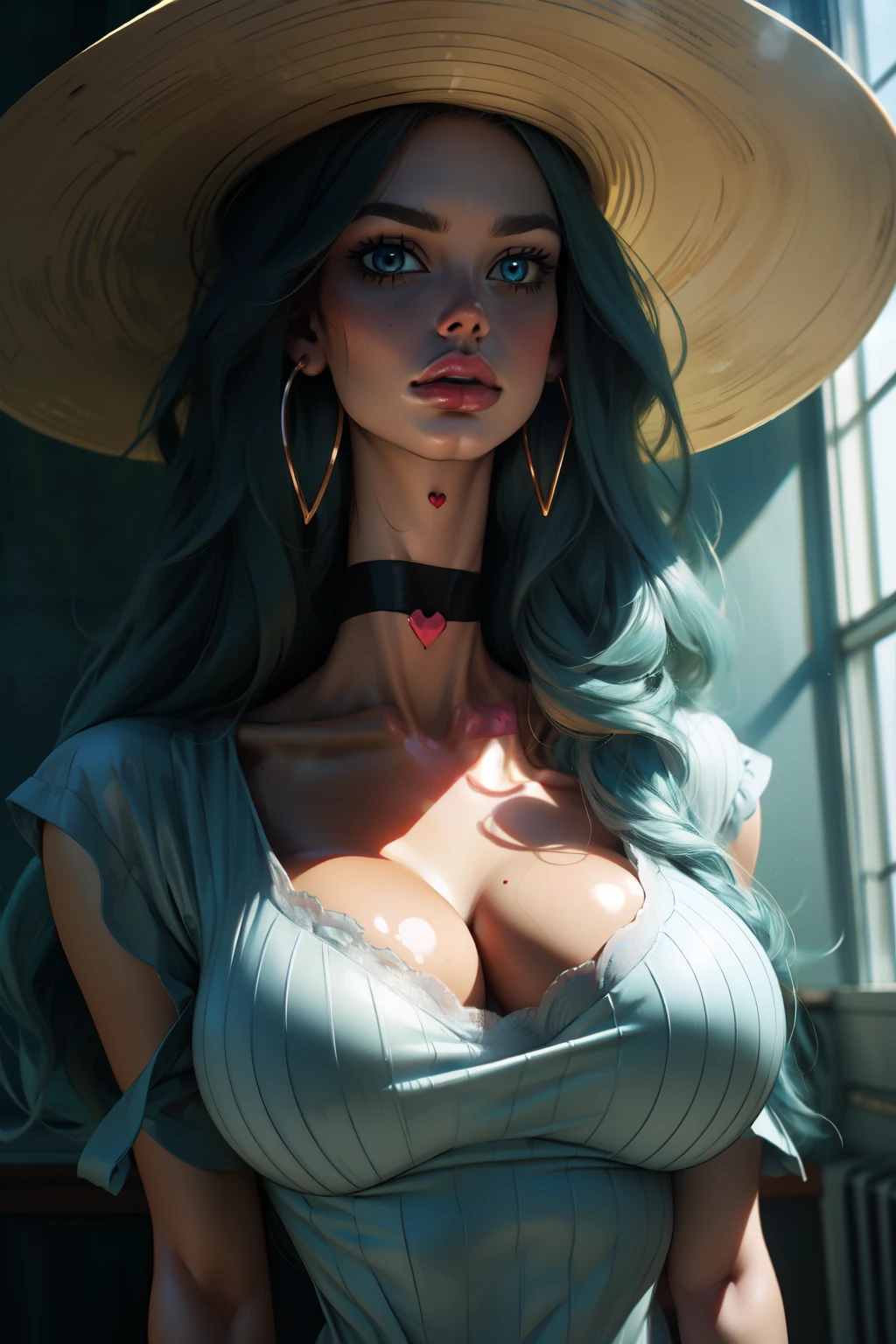 (best quality,4k,8k,highres,masterpiece:1.2),ultra-detailed),HDR,UHD, (Masterpiece:1.2), charlotte_amande, long neck, sun hat, heart on neck, choker, earings, blue dress, masterpiece, best quality, extreme detail, 8k, image sharpness, beautiful intricate, anime wide eyes, soft lighting, digital painting,
