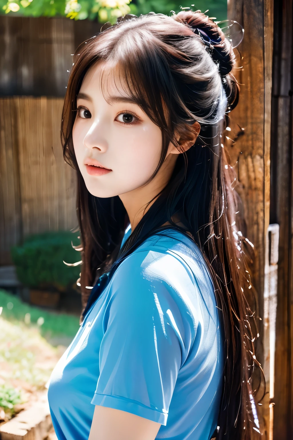 there is a woman with long hair wearing a black and blue shirt, ulzzang, korean girl, heonhwa choe, sakimichan, xintong chen, sun yunjoo, lee ji - eun, lee ji-eun, wenfei ye, jaeyeon nam, park ji-min, jinyoung shin, chiho, yun ling, gongbi