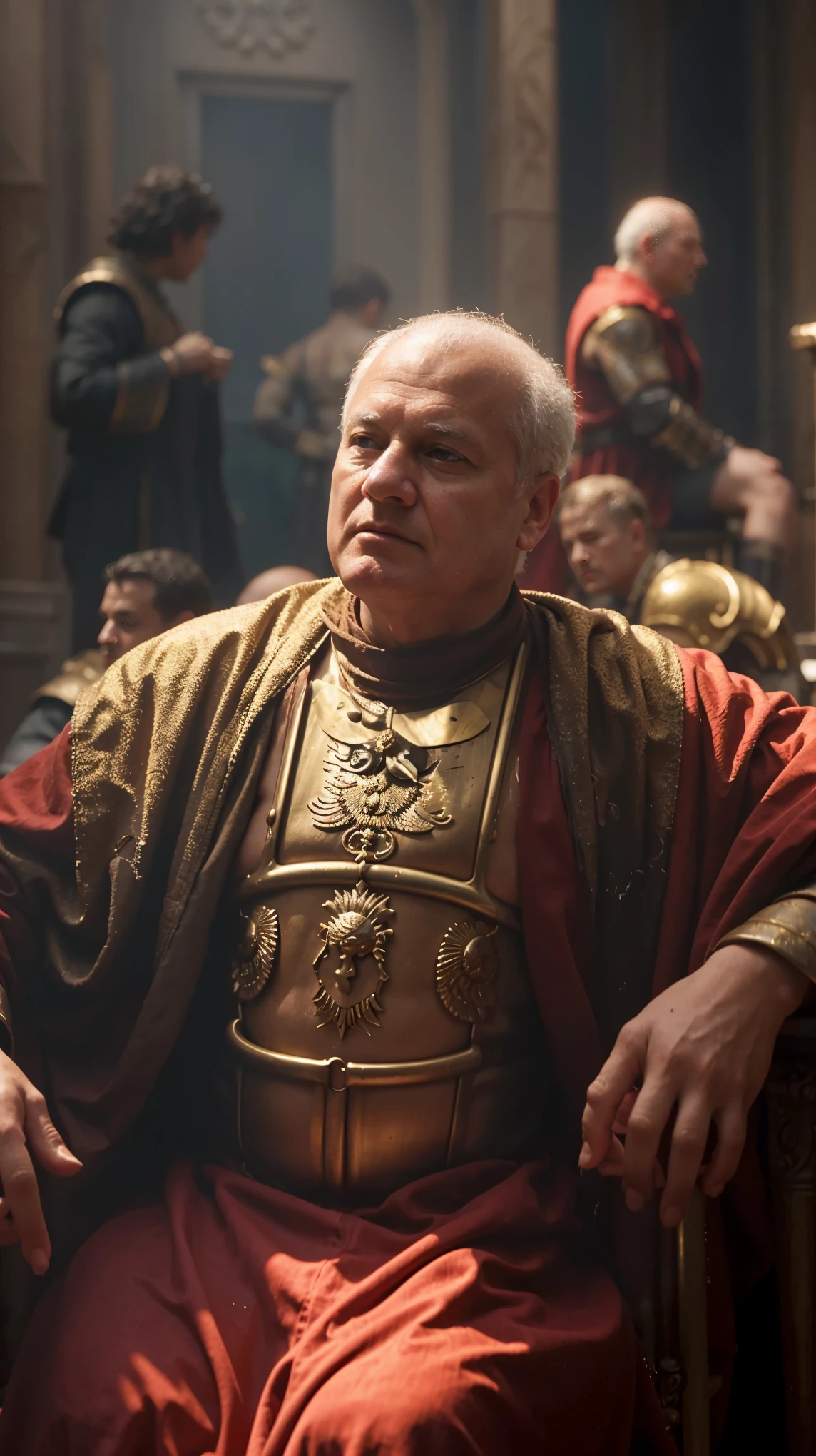 Vespasian in a red robe sitting in a chair, scene from dune 2 0 2 1 movie, roman emperor, dressed as emperor, wearing gilded red robes, medieval old king, paul atreides as emperor of dune, film still from dune 2020, sid meier, caesar victorious, film still from god of war, inspired by Roman Bezpalkiv