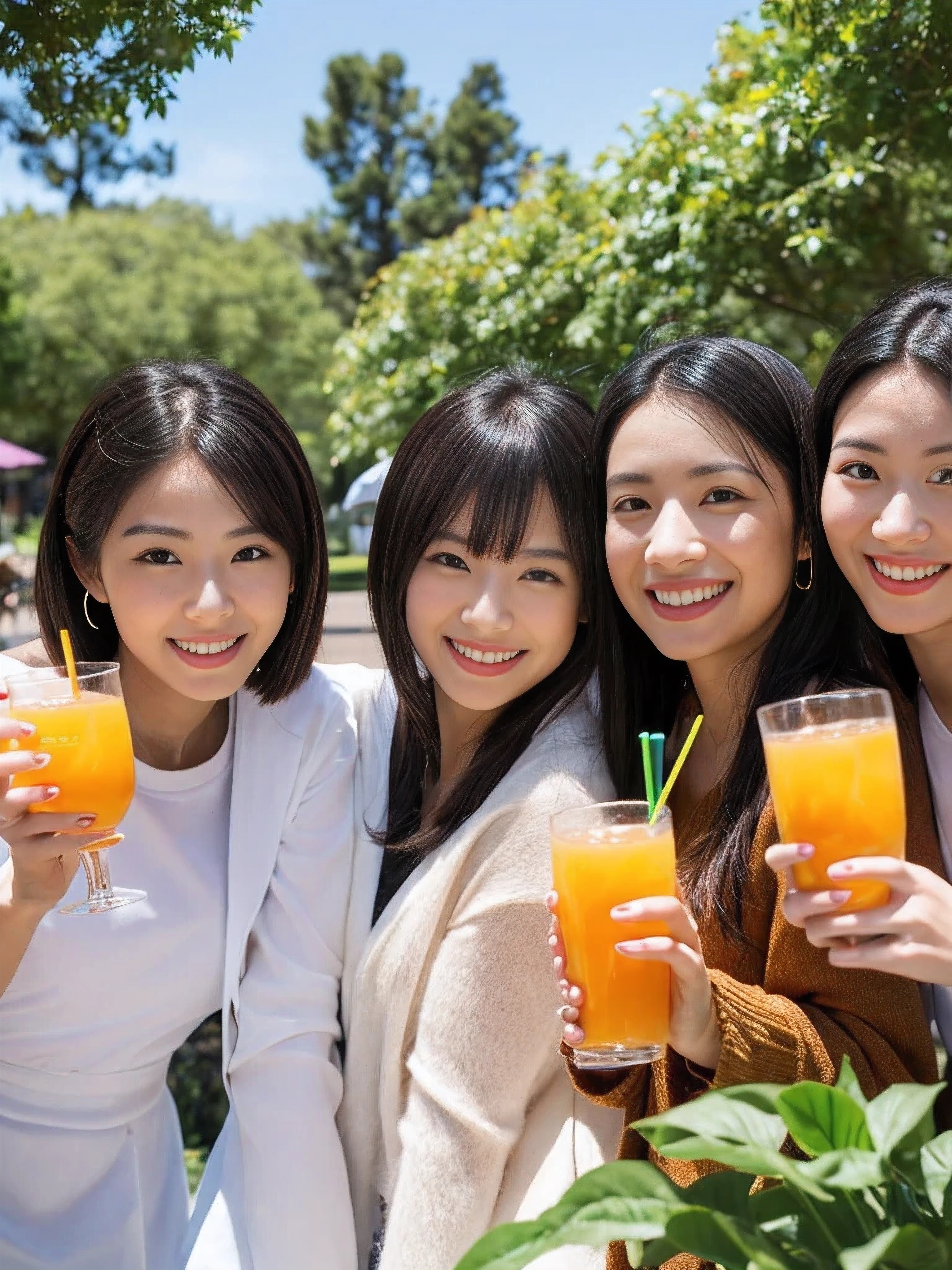 ((Best quality, masterpiece)), five lifelong friends,japanese idol,costume,((orange juice)), warmly embracing, smiling ear-to-ear, surrounded by lush greenery and a crisp blue sky, basking in the sunshine of a perfect day.