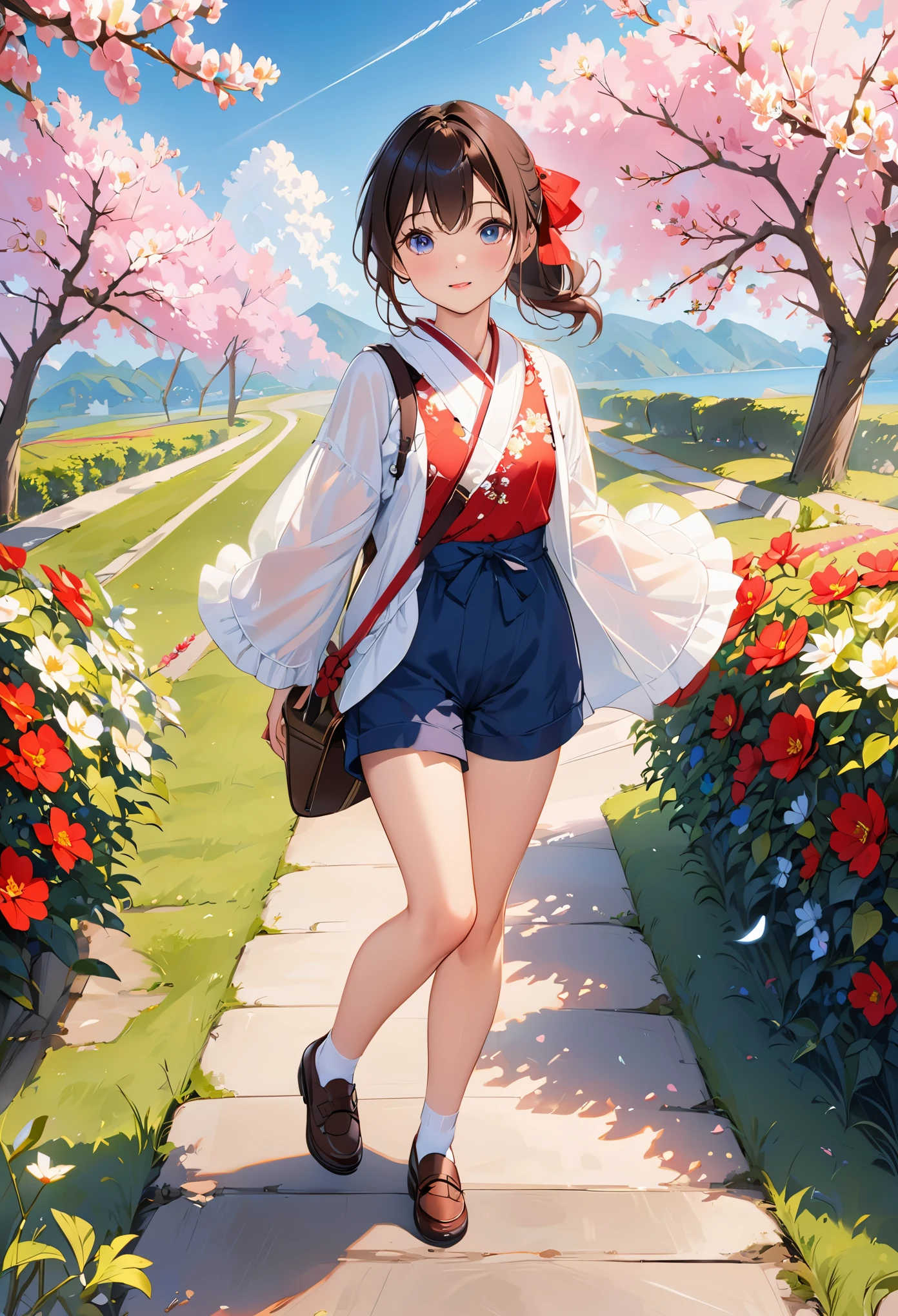 highest quality、masterpiece、full body figure、(anime style)、absurd、High resolution、beautiful background、full body figure、Spring clothes、(shorts:1.3)、、、cute girl、(12 year old girl:1.3)、beautiful background、