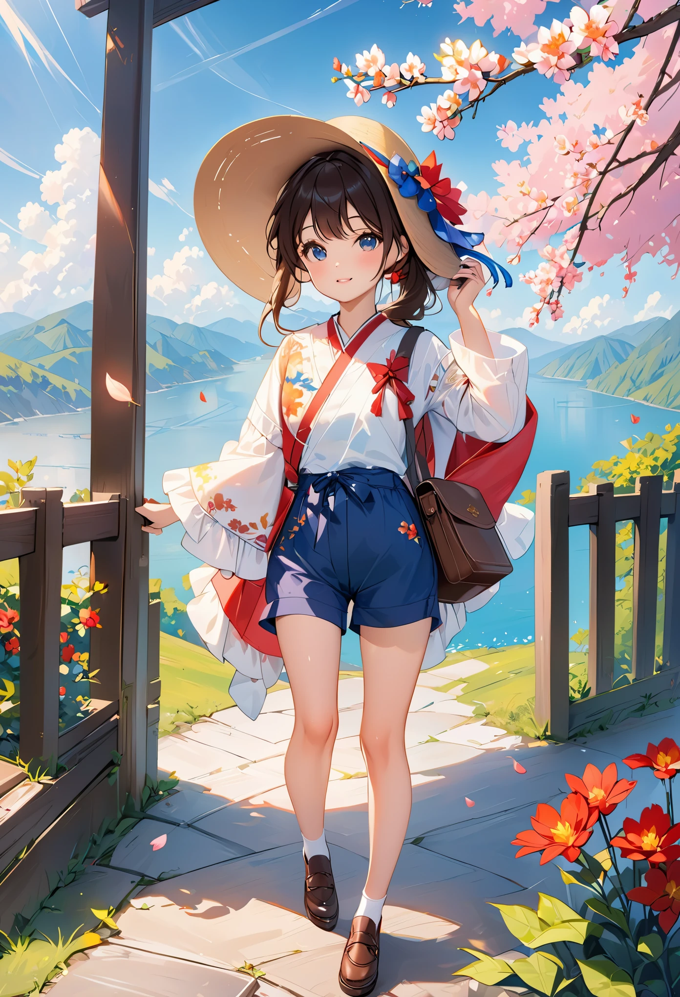 highest quality、masterpiece、full body figure、(anime style)、absurd、High resolution、beautiful background、full body figure、Spring clothes、(shorts:1.3)、、、cute girl、(12 year old girl:1.3)、beautiful background、
