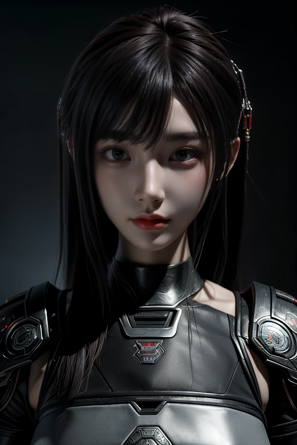 Masterpiece,Game art,The best picture quality,Highest resolution,8K,(Portrait),Unreal Engine 5 rendering works,(Digital Photography),((Portrait Feature:1.5)),
20 year old girl,Short hair details,With long bangs,(The red eye makeup is very meticulous),(With long gray hair:1.4),(Large, full breasts),Elegant and noble,Brave and charming,
(Future armor combined with the characteristics of ancient Chinese armor,Hollow design,Power Armor,The mysterious Eastern runes,A delicate dress pattern,A flash of magic),Warrior of the future,Cyberpunk figures,Background of war,
Movie lights,Ray tracing,Game CG,((3D Unreal Engine)),OC rendering reflection pattern