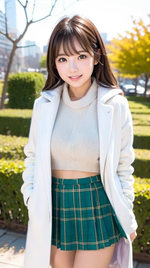 On a date　Cute woman in her 20s wearing a white coat　The background is a cityscape with green trees　With bangs　outdoor　checked mini skirt