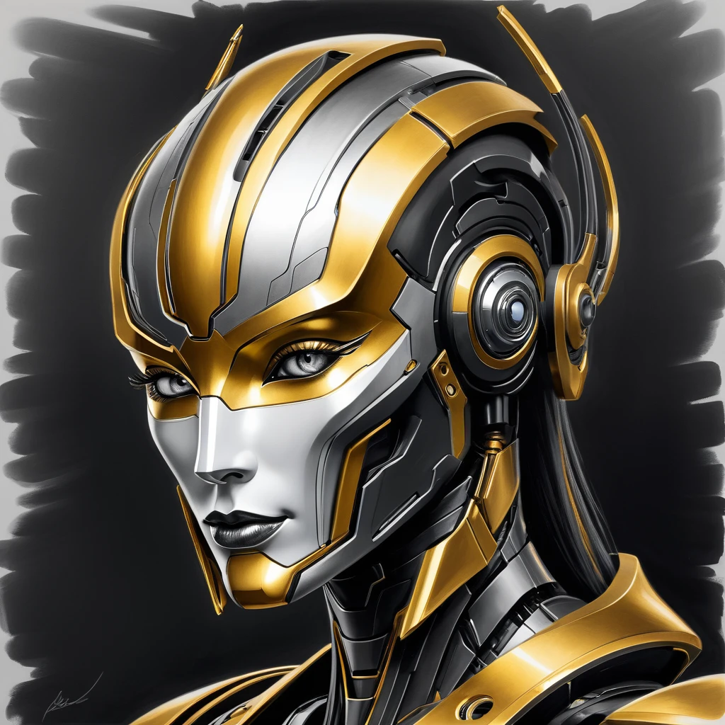 ，(character sketch:1.1)，(charcoal drawing:1.2)，Sketch，(pencil drawing:1.3)，Charcoal painting style，Black -white-gold ，character sketch, high resolution, 1womanl, Solo, (Detailed face), kda，bioluminic, Black and white and gold colors galactic cybernetic mask, (abstracted, Make a sketch of a robot with high technology:1.5), Part description, SH4G0D,