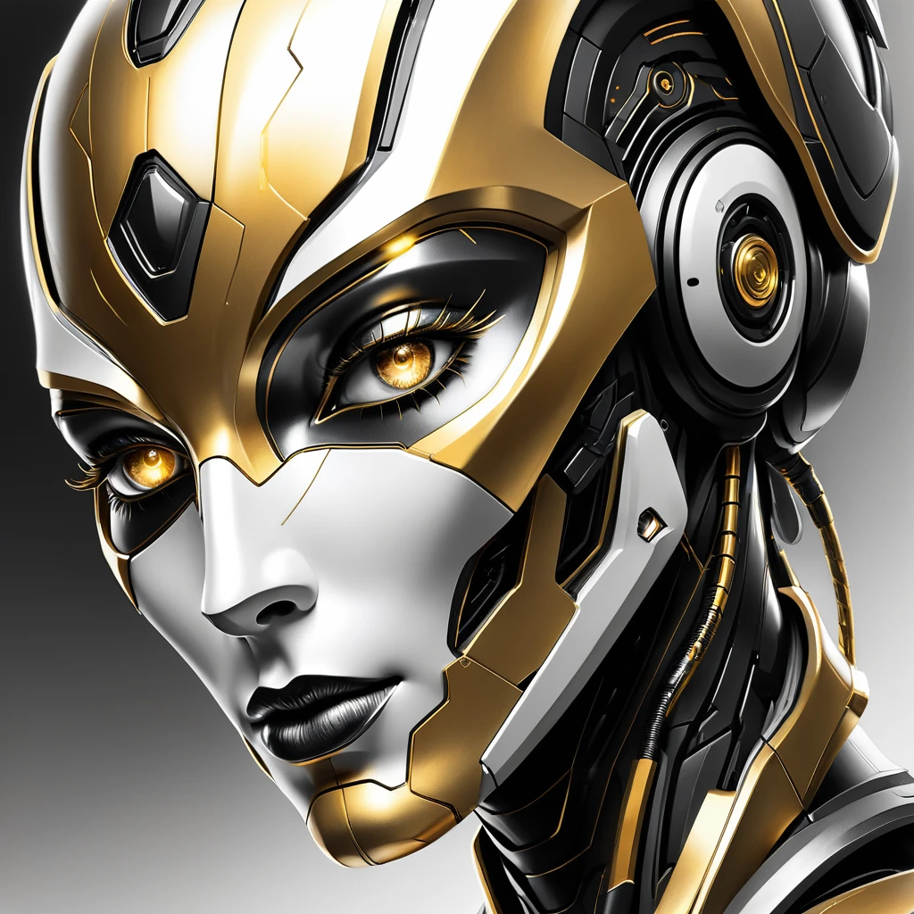 ,(character sketch:1.1),(charcoal drawing:1.2),Sketch,(pencil drawing:1.3),Charcoal painting style,Black -white-gold ,character sketch, high resolution, 1womanl, Solo, (Detailed face), kda,bioluminic, Black and white and gold colors galactic cybernetic mask, (abstracted, Make a sketch of a robot with high technology:1.5), Part description, SH4G0D,