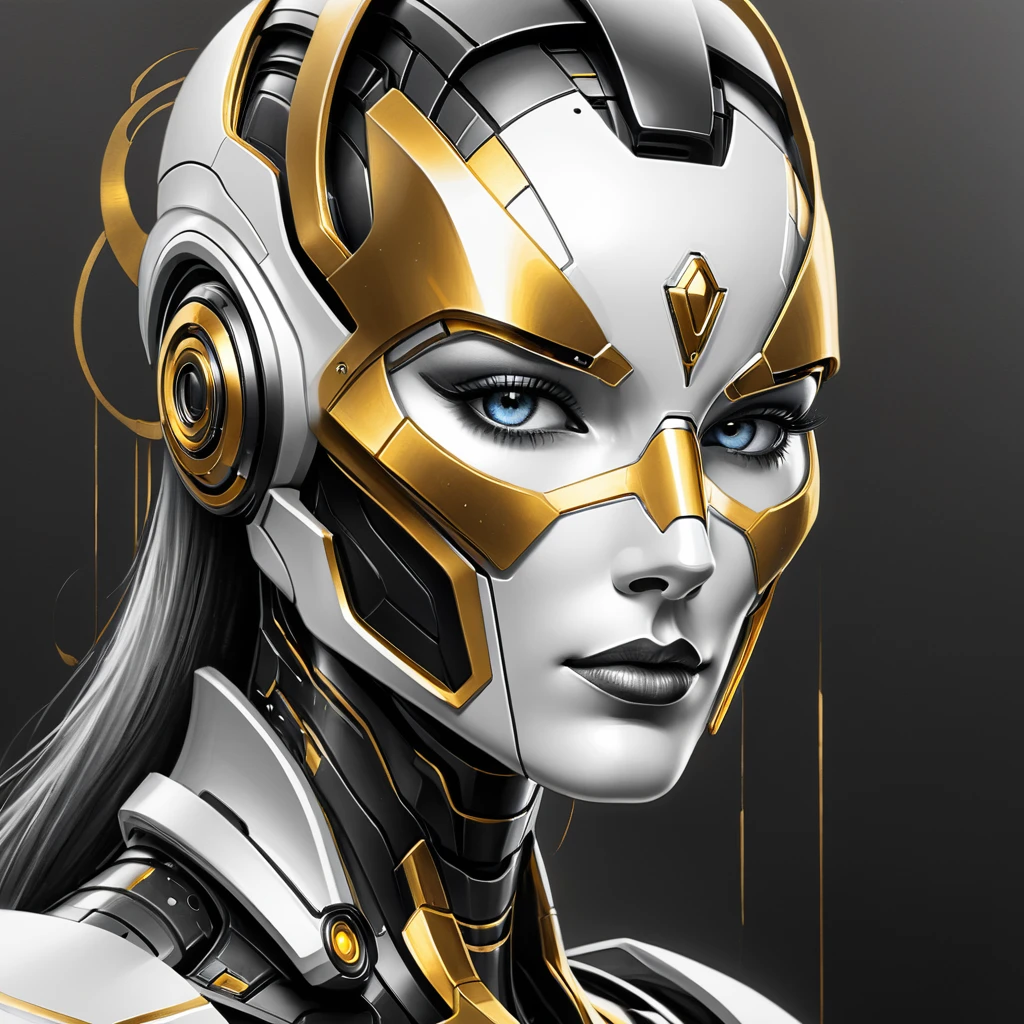 ,(character sketch:1.1),(charcoal drawing:1.2),Sketch,(pencil drawing:1.3),Charcoal painting style,Black -white-gold ,character sketch, high resolution, 1womanl, Solo, (Detailed face), kda,bioluminic, Black and white and gold colors galactic cybernetic mask, (abstracted, Make a sketch of a robot with high technology:1.5), Part description, SH4G0D,