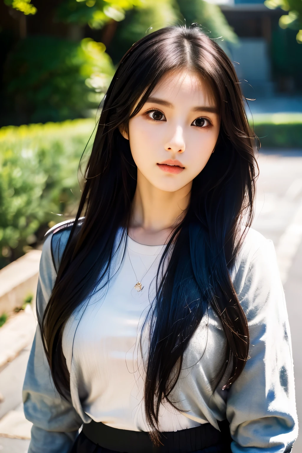 there is a woman with long hair wearing a black and blue shirt, ulzzang, korean girl, heonhwa choe, sakimichan, xintong chen, sun yunjoo, lee ji - eun, lee ji-eun, wenfei ye, jaeyeon nam, park ji-min, jinyoung shin, chiho, yun ling, gongbi