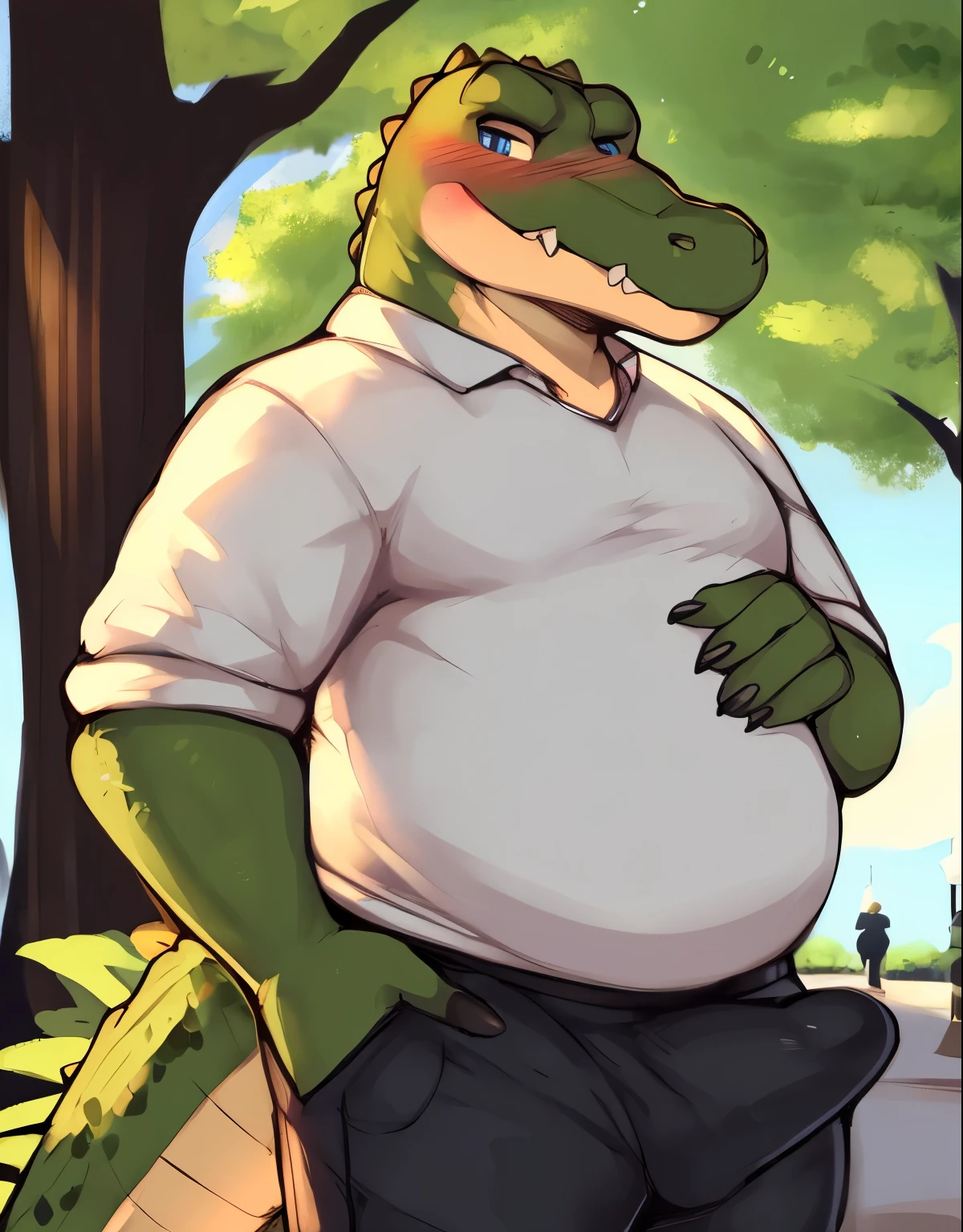 by zackary911, alligator , blue eyes ,clothed, standing, park, manly, looking at viewer, chubby ,close up, solo,  casual wear, blushing, erection under clothes