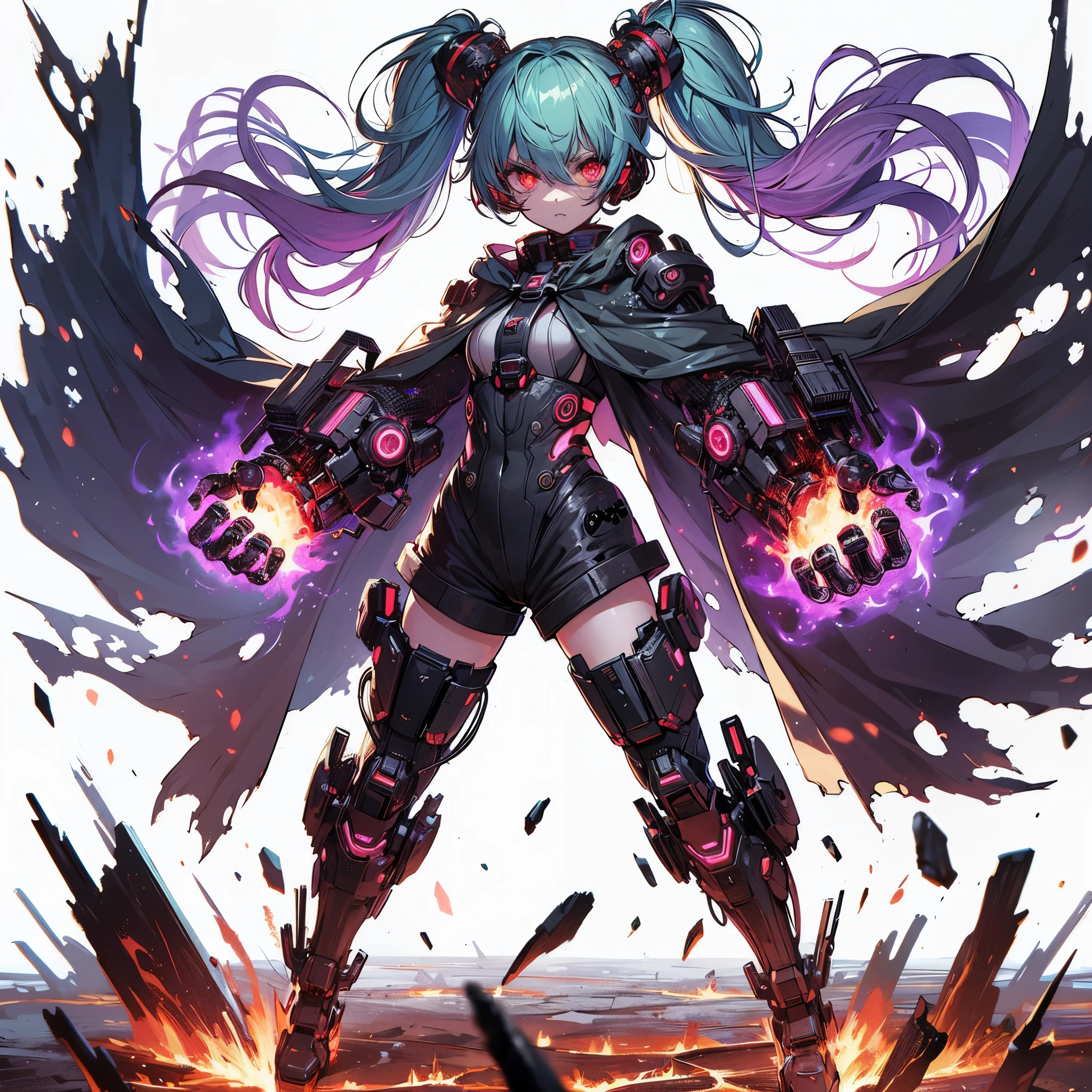 (masterpiece, Best Quality), (Perfect athlete body:1.2), (detailed hairs), Ultra-detailed, Anime style, Full body, cyberpunk Egged runner girl, burnt black mechanical limb, ((fists of black-purple flame)), Sea green two topknot hairstyle with red eyes, wearing raged cape and cyberpunk outfit. standing in burned earth, 8k high resolution, white background, whole-body, full-length view, digital painting,