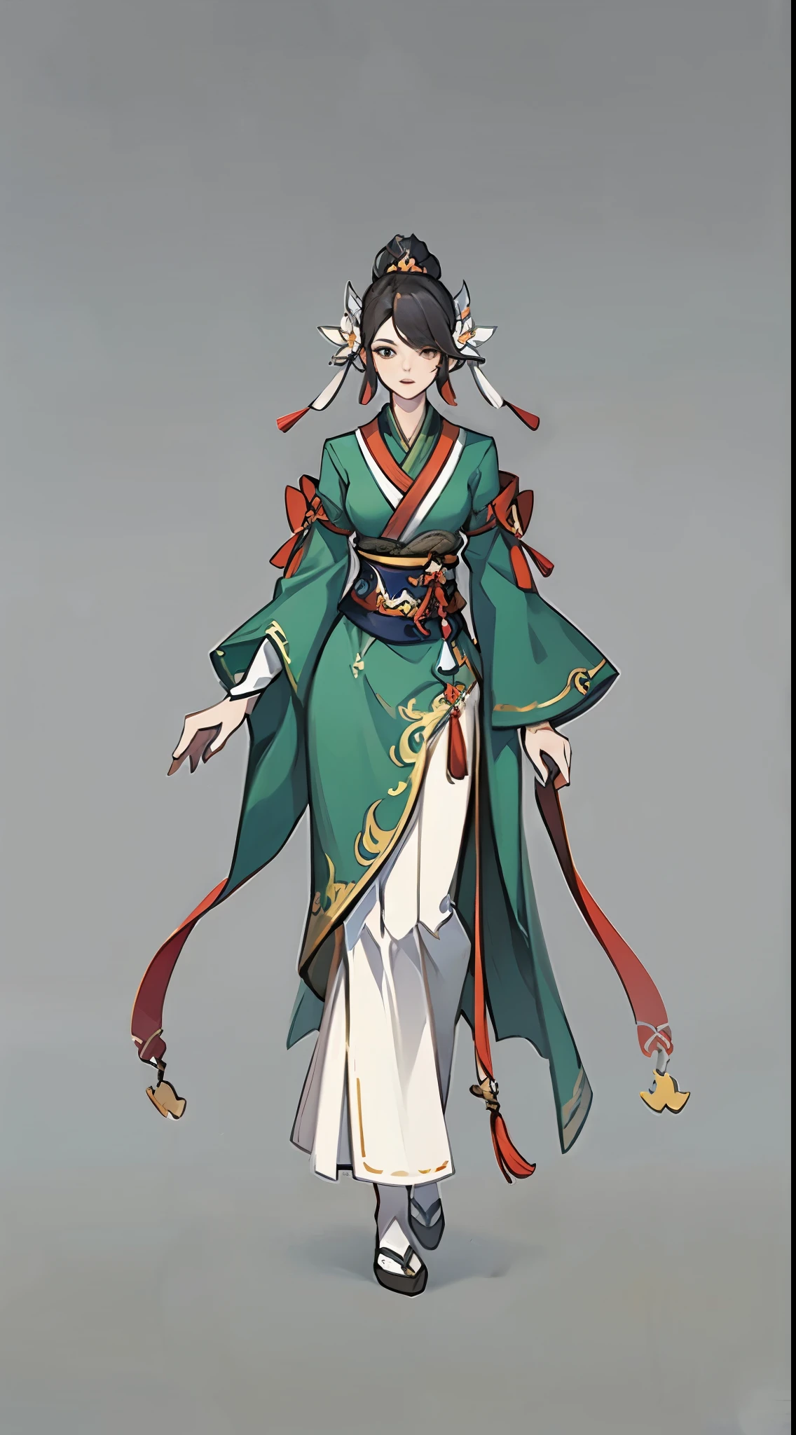 1 female（beautiful face），unique，full body standing painting，solo，Transparent Background，Original character designs from East Asia，Game character costume design，Gorgeous green dress，high detail，color grade，White background，ultra high resolution，sharp focus，masterpiece，HD，8k，clear facial features，Clear details