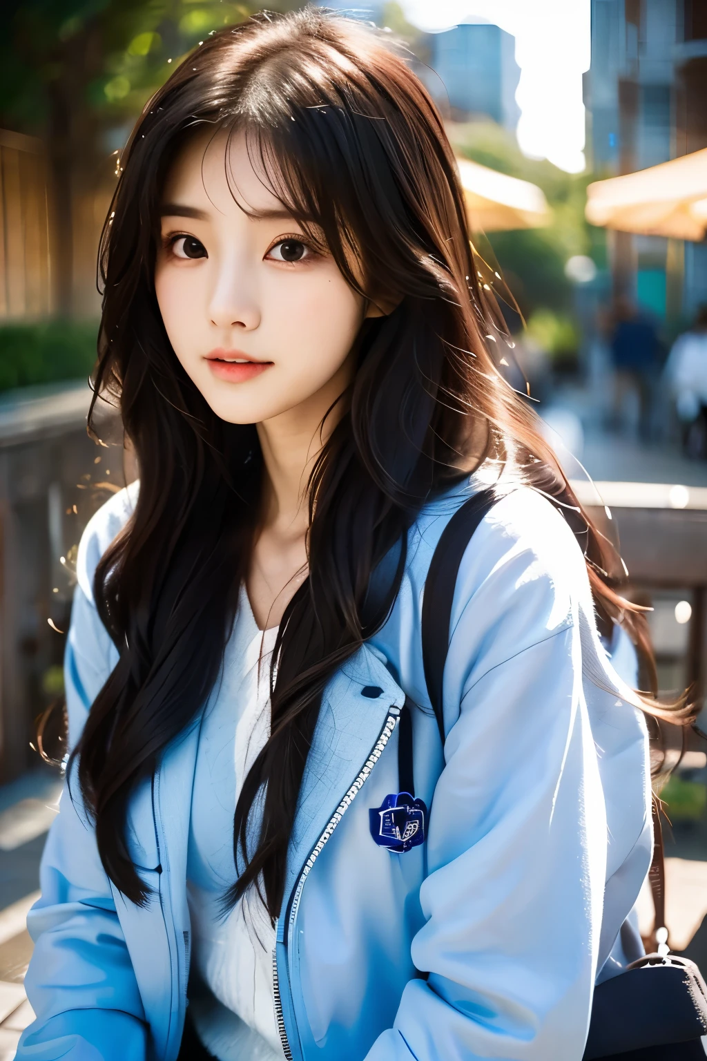 there is a woman with long hair wearing a white shirt, blue jaket, ulzzang, korean girl, heonhwa choe, sakimichan, xintong chen, sun yunjoo, lee ji - eun, lee ji-eun, wenfei ye, jaeyeon nam, park ji-min, jinyoung shin, chiho, yun ling, gongbi