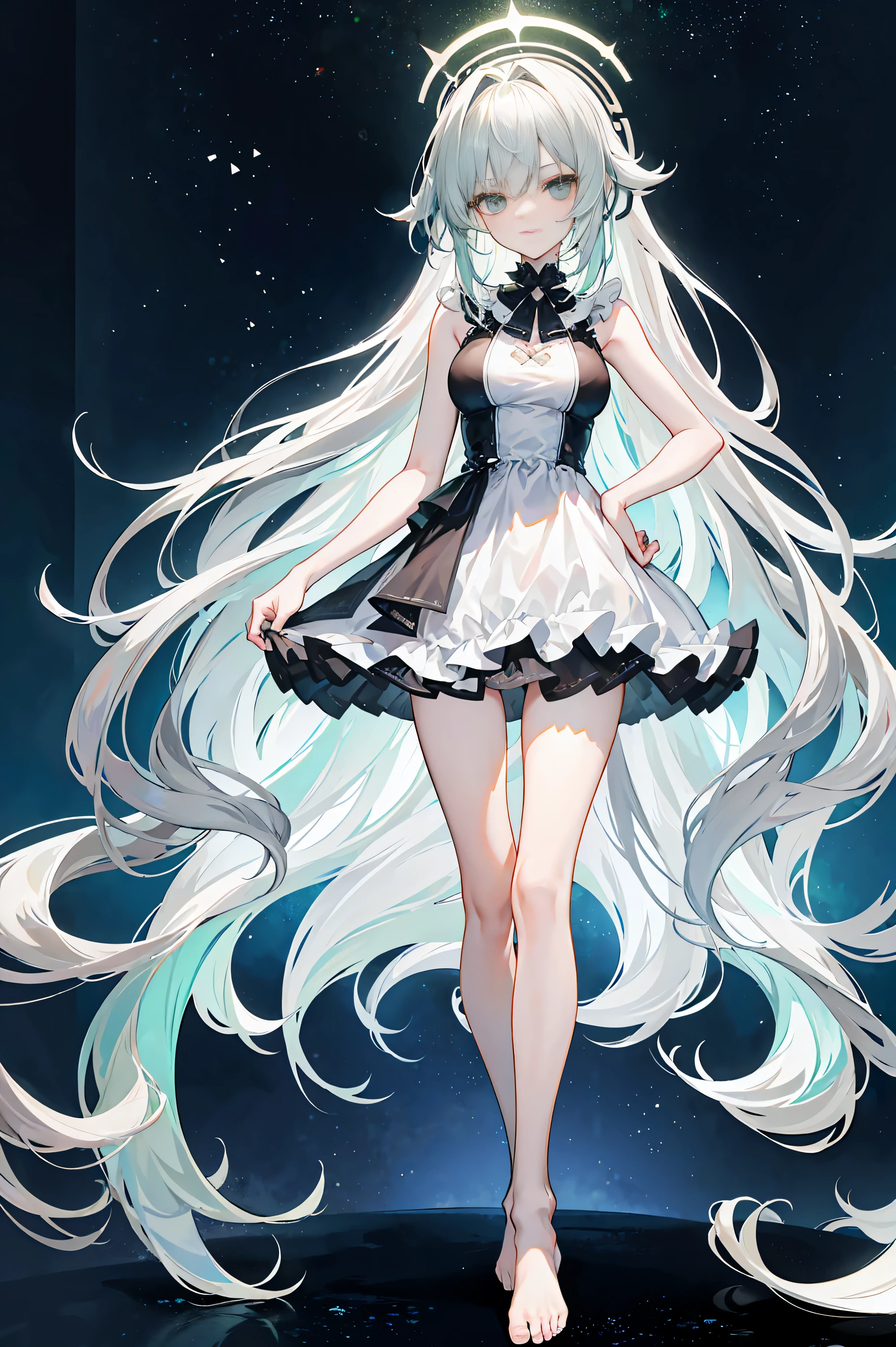 light green gradient hair,asymmetrical hair,((Hair is very thick 1.8,Well-defined head 1.6)), hair past shoulders, messy hair, very long hair, shiny hair,(long gray hair:1.2),a beautiful girl,(Luxury Platinum Mini Ultra Short Platinum Lolita,Made of transparent material),(Transparent clothes transparent 1.8),Perfect body,big thin legs,slim,(looks sad,Looking haggard ,sad,shut your mouth:1.2) Against the backdrop of an unusually bright dark starry sky,(Put your hands behind your back),(round,Room, firm breasts),barefoot,float,water surface,(long legs,long legs,long legs,Gestalt),full-body shot。standing posture