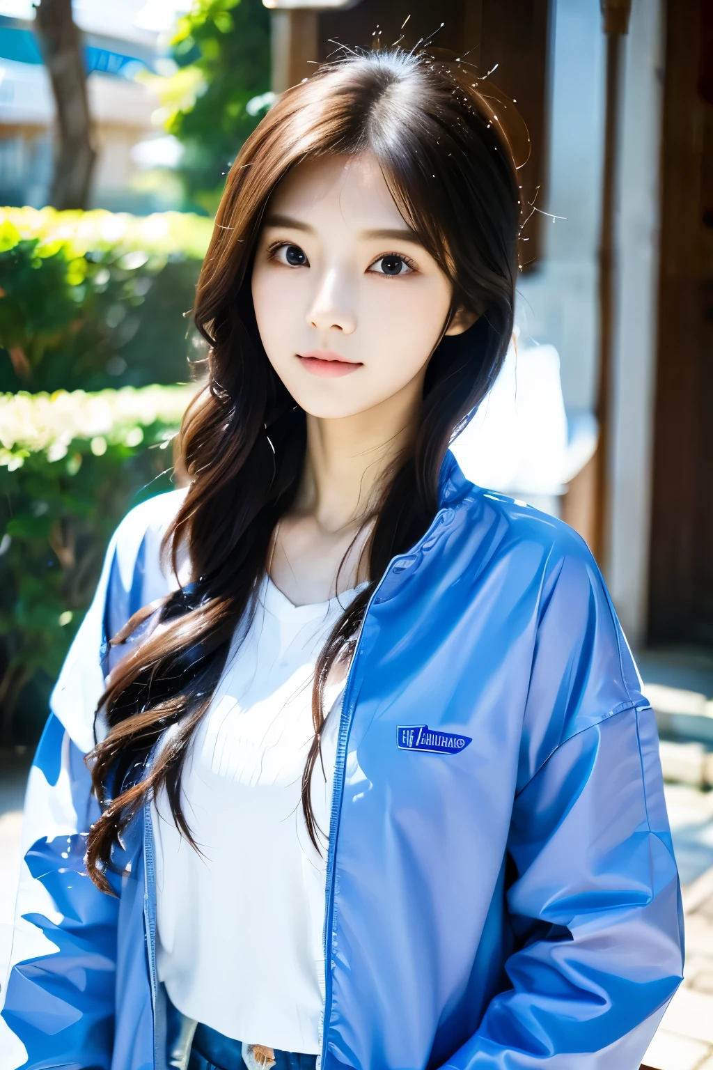 there is a woman with long hair wearing a white shirt, blue jaket, ulzzang, korean girl, heonhwa choe, sakimichan, xintong chen, sun yunjoo, lee ji - eun, lee ji-eun, wenfei ye, jaeyeon nam, park ji-min, jinyoung shin, chiho, yun ling, gongbi