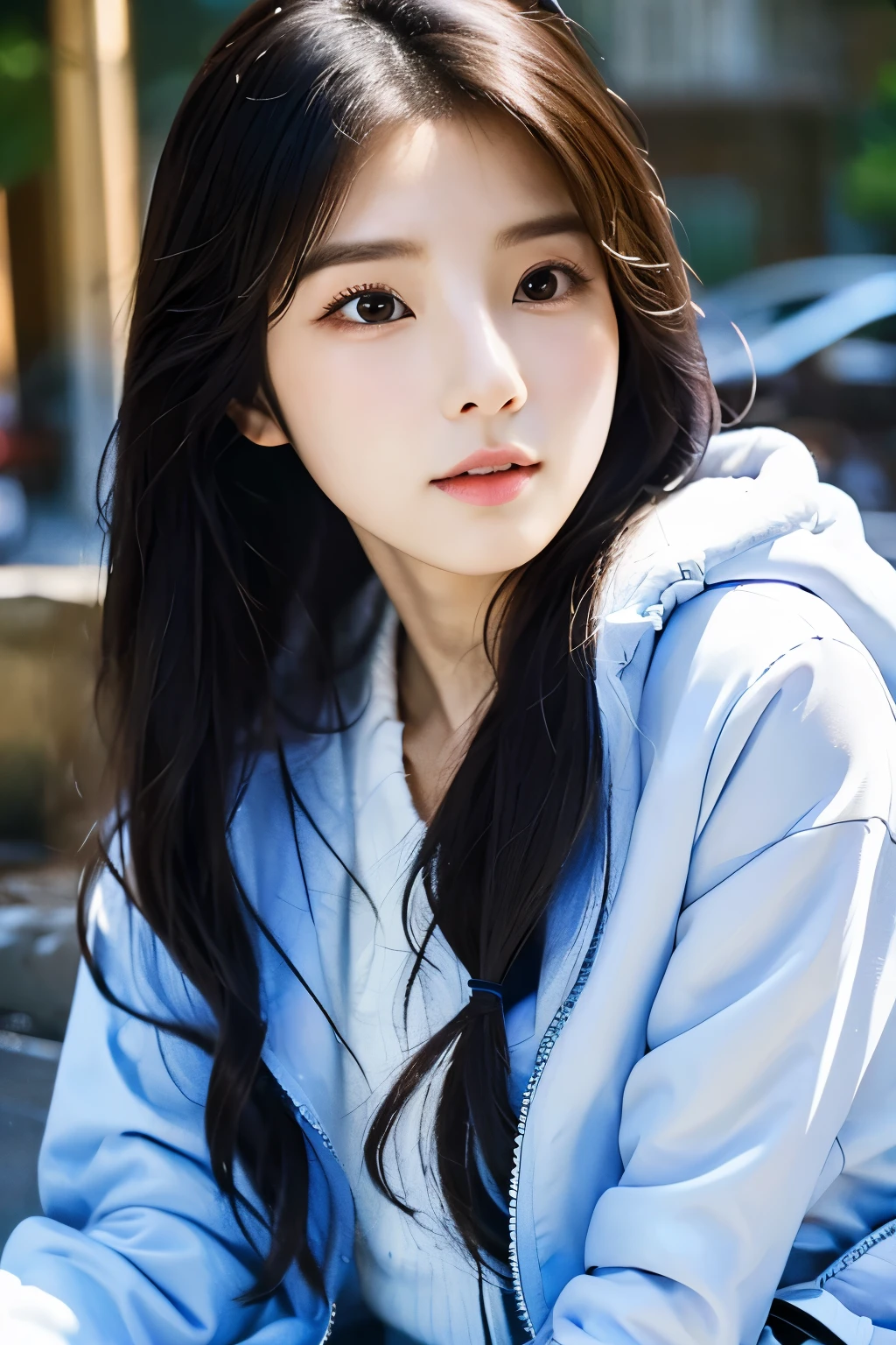 there is a woman with long hair wearing a white shirt, blue jaket, ulzzang, korean girl, heonhwa choe, sakimichan, xintong chen, sun yunjoo, lee ji - eun, lee ji-eun, wenfei ye, jaeyeon nam, park ji-min, jinyoung shin, chiho, yun ling, gongbi