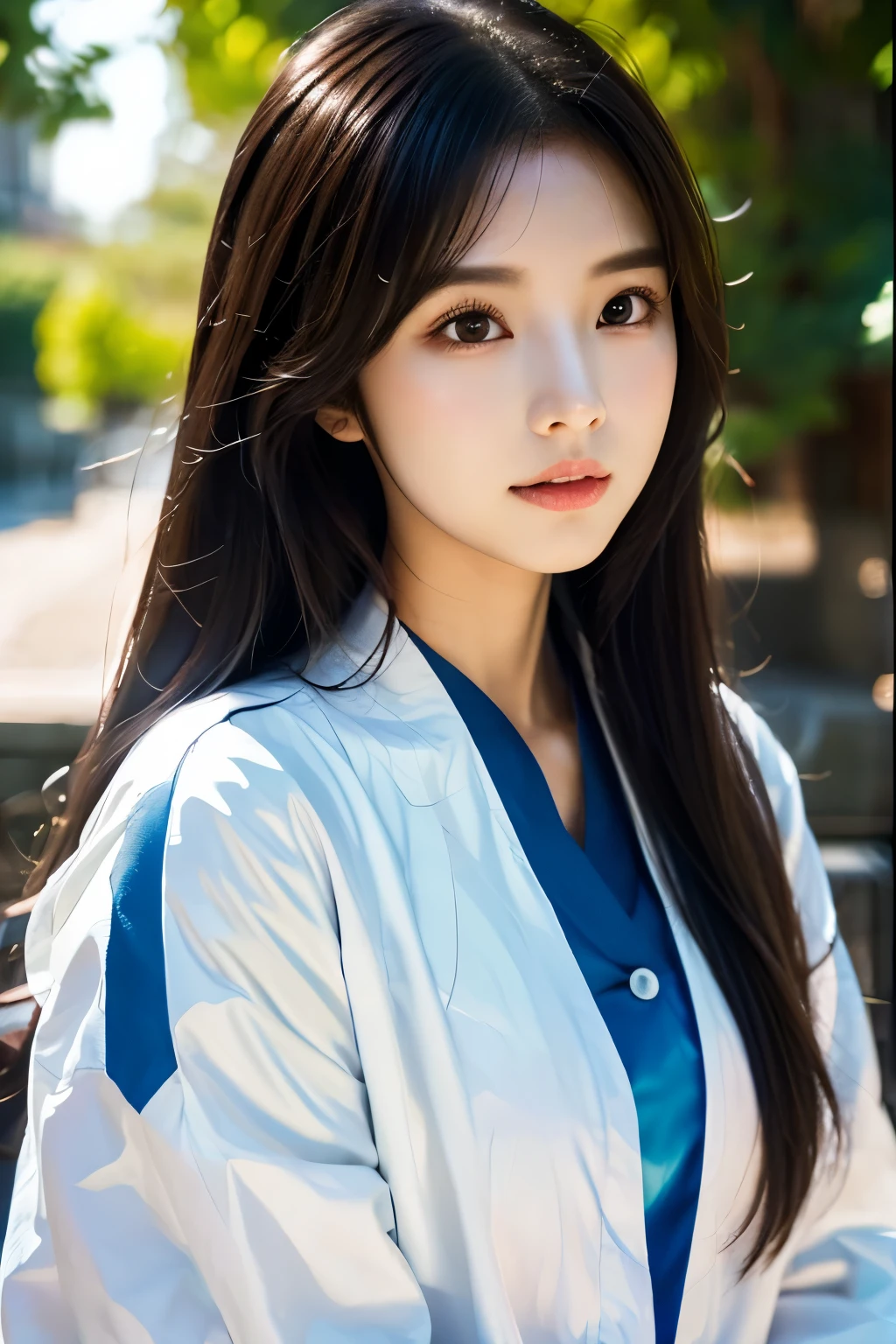 there is a woman with long hair wearing a white shirt, blue jaket, ulzzang, korean girl, heonhwa choe, sakimichan, xintong chen, sun yunjoo, lee ji - eun, lee ji-eun, wenfei ye, jaeyeon nam, park ji-min, jinyoung shin, chiho, yun ling, gongbi