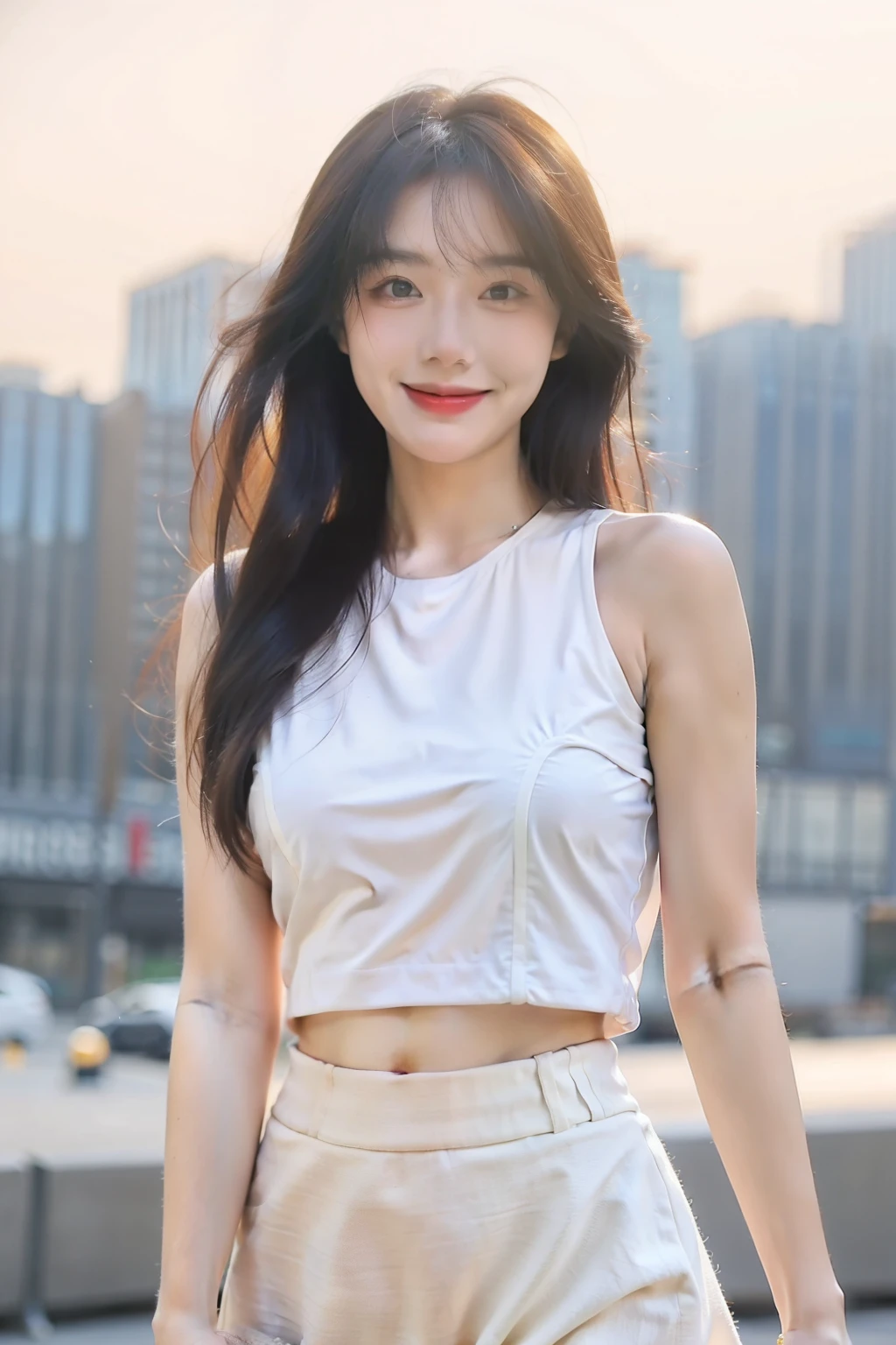 1 girl,Smile,whole body，Slim Faces，sexy woman，double eyelids，Detailed face，long hair,(super high quality，8k)blurred background，Black top and white pants
