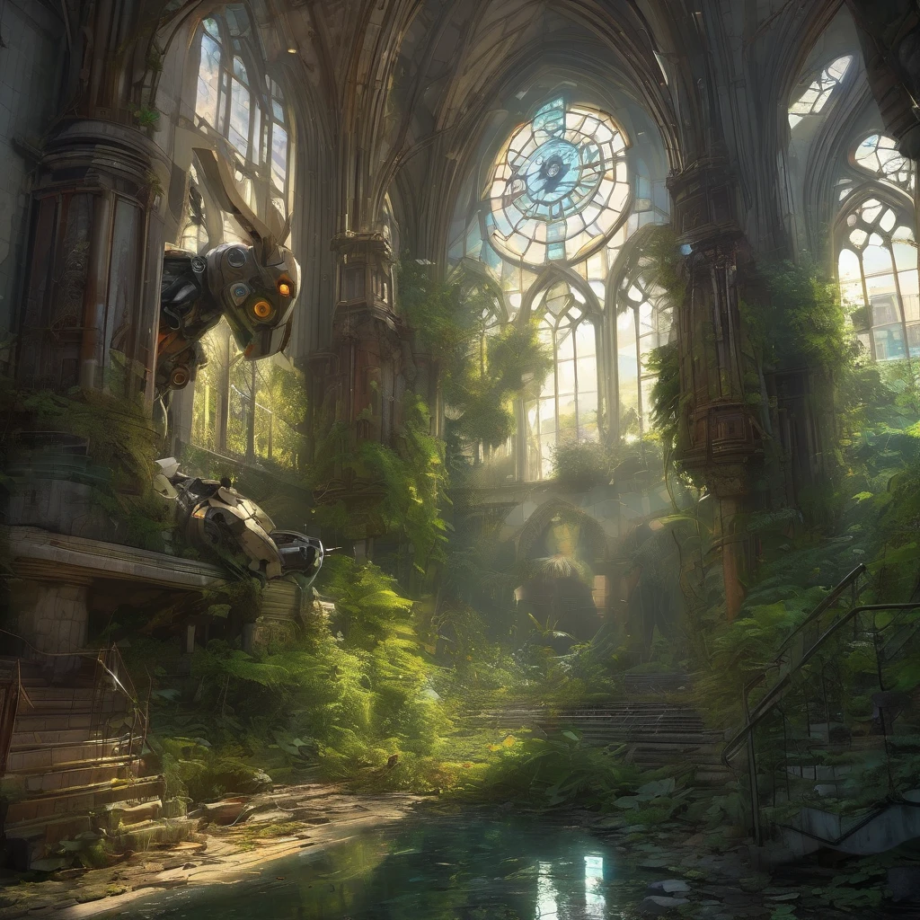 Abandoned Mech, aesthetic, extremely detailed, eye catching, drab, abandoned cathedral ruin, broken stained glass on the floor. Overgrown, city ruins, deer in the courtyard, a breathtaking artwork by Jean Baptiste Monge, Andree Wallin, Thomas Kincade, Geoffroy Thoorens, Krenz Cushart, Epic scale, highly detailed, clear environment, triadic colors cinematic light 16k resolution, Giant mecha robot rabbit abandoned!! :: concept art, 16k resolution digital art by Klaus Wittmann, Alejandro Burdisio, Ismail Inceoglu, Jeremy Mann, Ilya Kuvshinov, highly detailed, hyperrealistic, volumetric lighting, Muted colors, striking, beautifully lit, smooth sharp focus, trending on Artstation