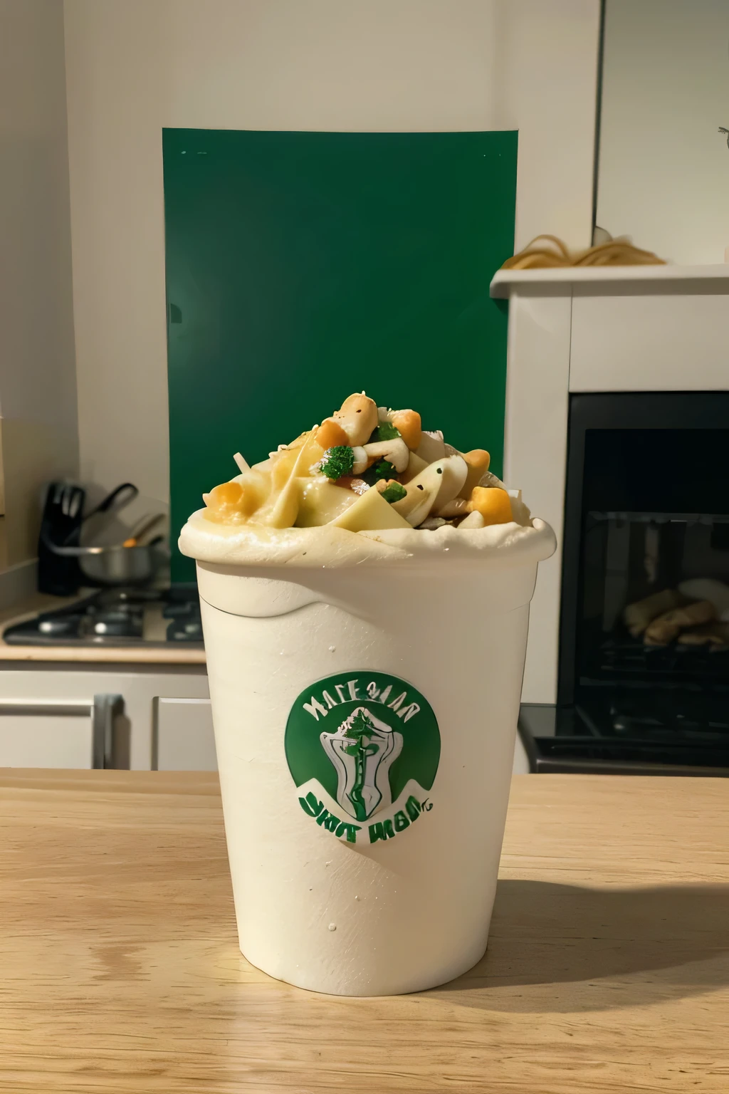 create a hand holding a 300 ml white Styrofoam cup slightly tilted forward showing the contents, o fundo da imagem deve ser verde visto de cima, olhando para dentro do copo, inside there must be pasta with sauce