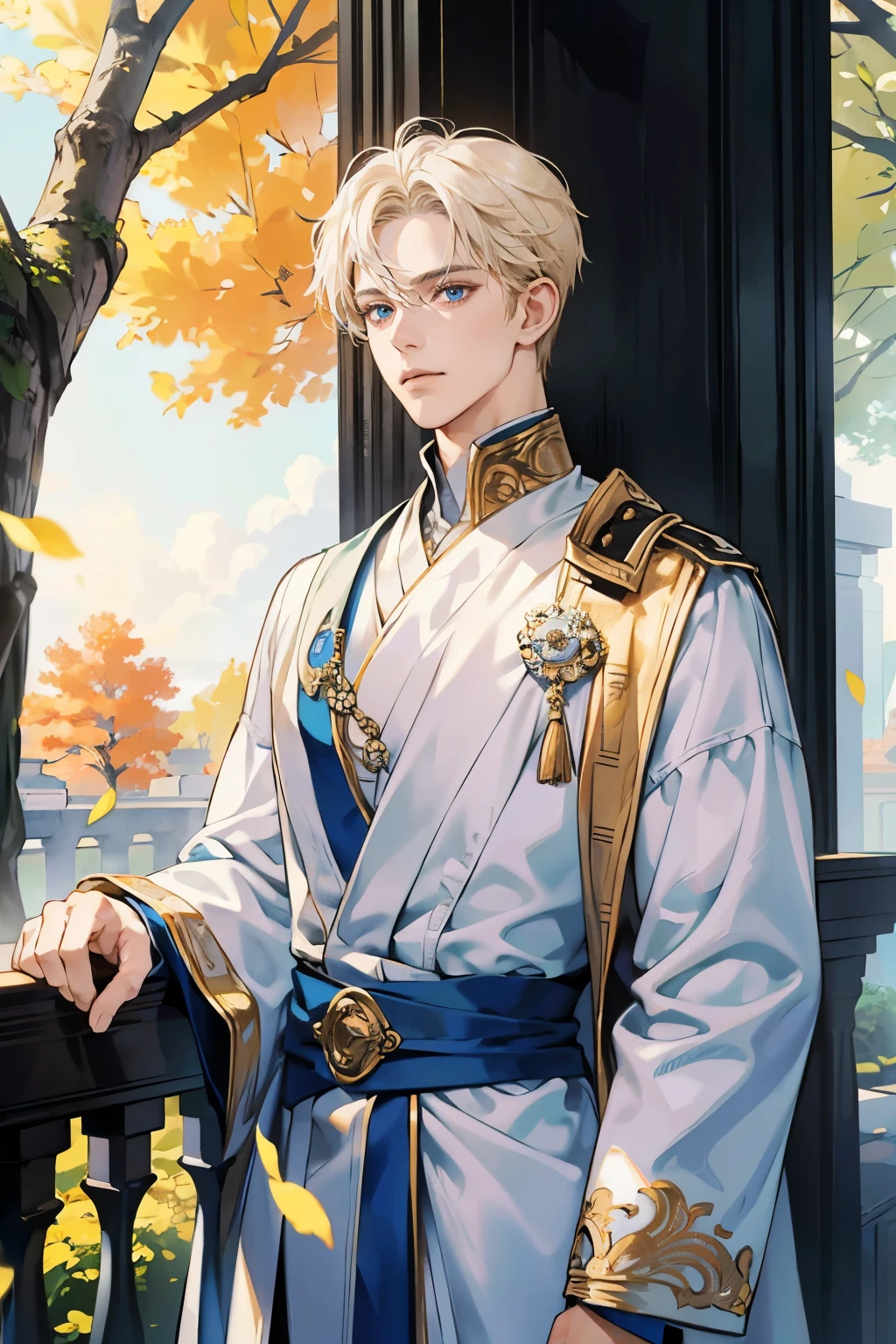 (tmasterpiece, high resolucion, ultra - detailed:1.0), (1Boy, Adult Male), The perfect male body,eyes look at the camera, (Prince:1.3), finely eye and detailed face, super detailed CG, Unity 8k wallpaper, intricated details, Solo person, Detailed face, (white royal costume, with short golden hair, Blue Eyes, sad look), plein air, sonoko, Flowers and trees, marble column, color difference, Depth of field, dramatic shadows, Ray tracing, Best Quality, portrait of a
