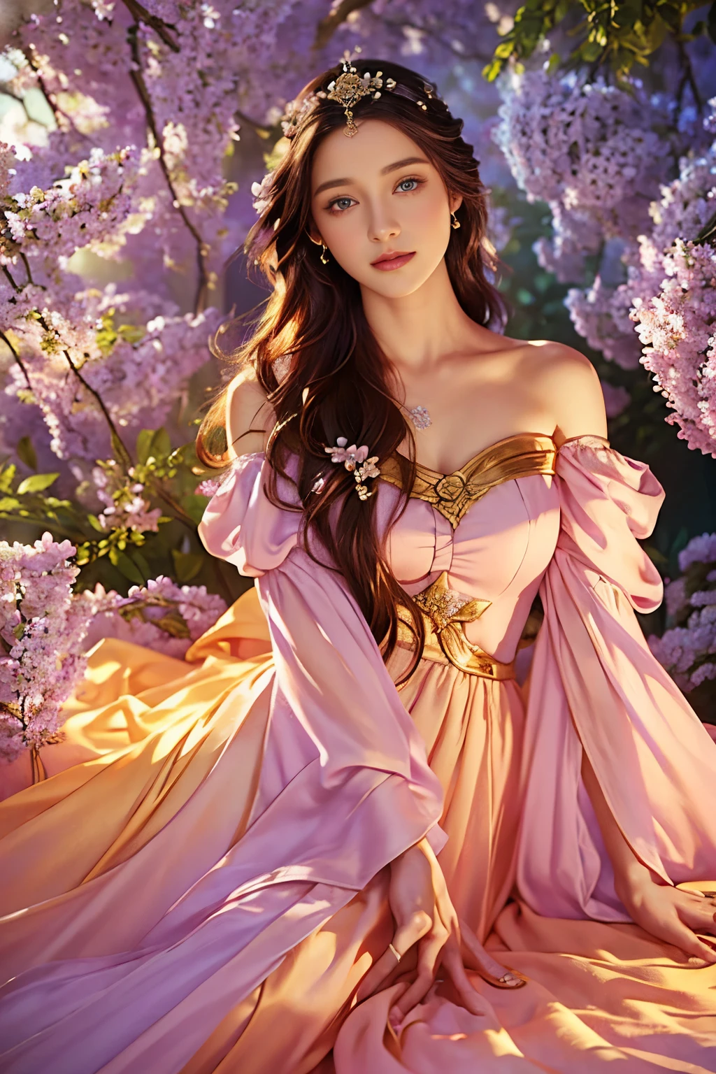 Fantasy, light, garden, many flowers, a girl of about 20 years old with brown hair with wavy strands, plump lips, golden eyes, in a beautiful off-the-shoulder ball gown of pale lilac color of the late 19th century, looks like Jaina Proudmoore, hd