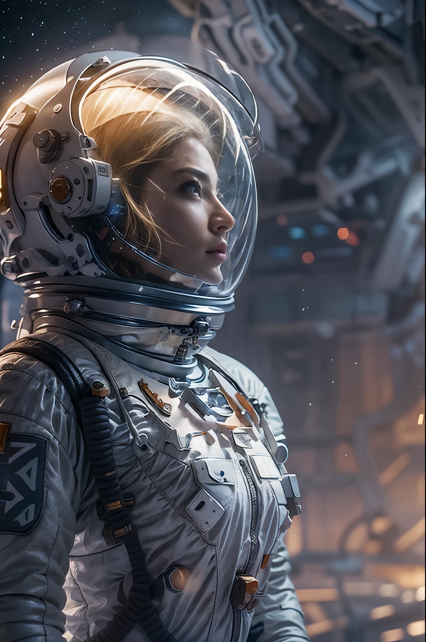 Masterpiece, a beautiful 25 years old German blonde girl, solitary female astronaut, ( beautiful face, thin face, ultra high detailed eyes, ultra high detailed face ), desolated planet landscape, space and stars, electric atmosphere, utility belt, Metallic Gray Zinc, sci-fi, ultra high res.photorealistic, 16k, UHD, HDR, the best quality, body-tight astronaut suit, intricate, the most fantastic details, RAW, dramatic lighting, full body, space ships in the sky, realistic reflections, sunrise, to scale, lonely, determined, dynamic posture, a space military compound in the background