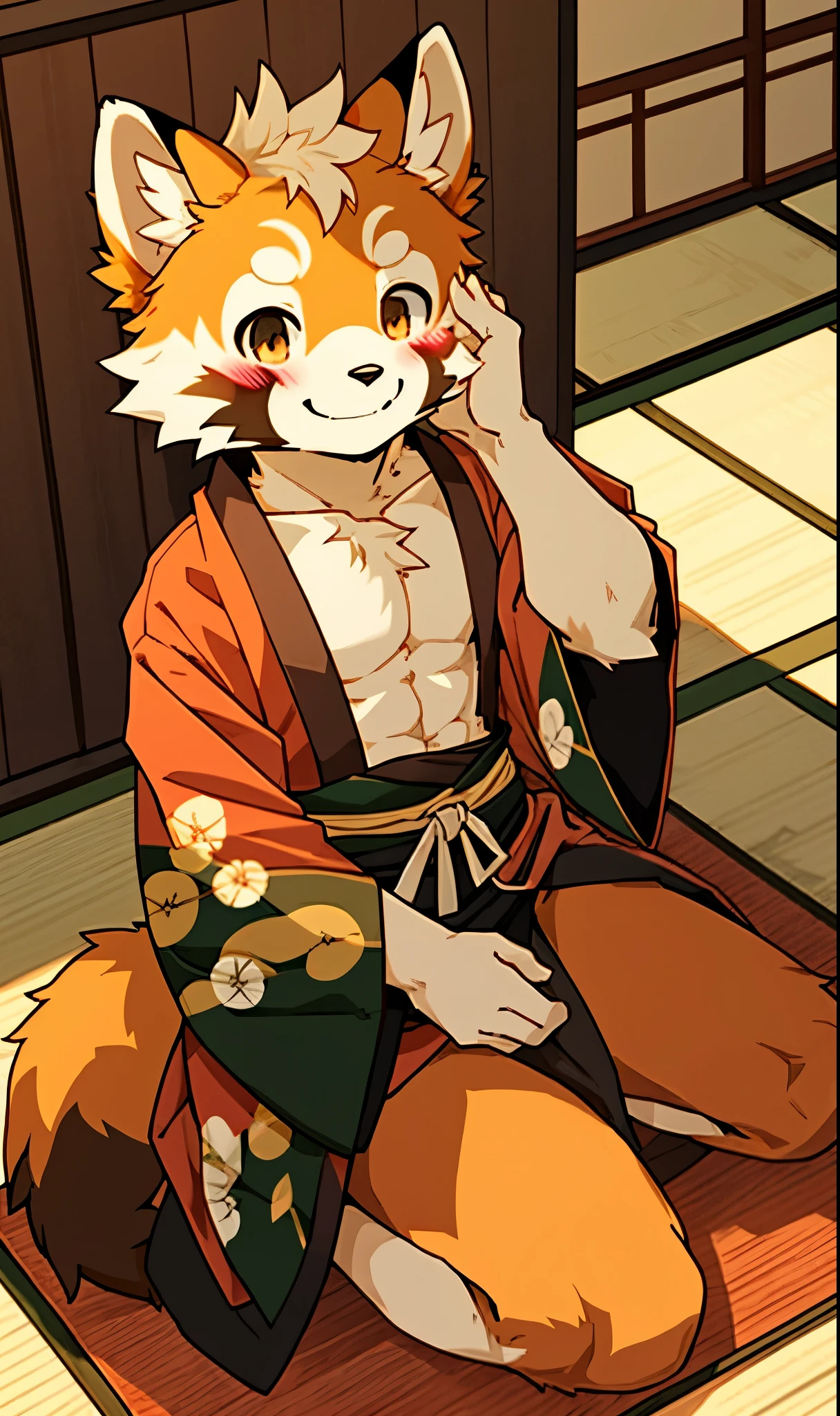 red panda，Lovely，Kneel and sit on the ground，Japanese style room，Shota，Smile，blush，Bare chest，kimono，Wore a loincloth，Put your hands on your legs