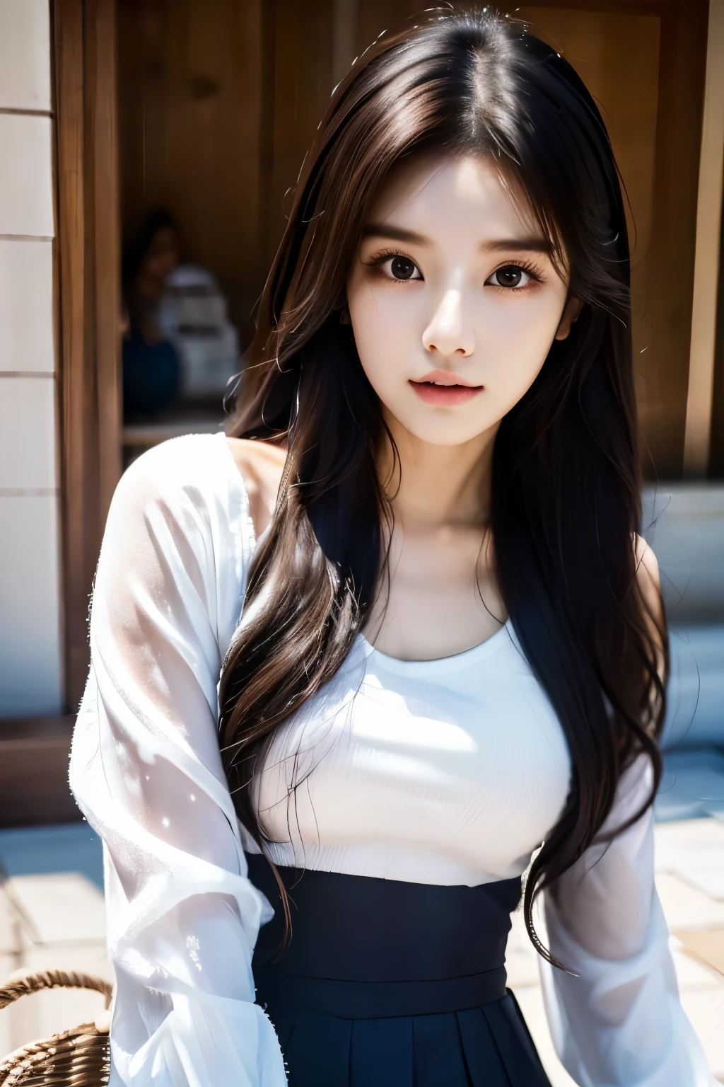 there is a woman with long hair wearing a white top shirt, ulzzang, korean girl, heonhwa choe, sakimichan, xintong chen, sun yunjoo, lee ji - eun, lee ji-eun, wenfei ye, jaeyeon nam, park ji-min, jinyoung shin, chiho, yun ling, gongbi