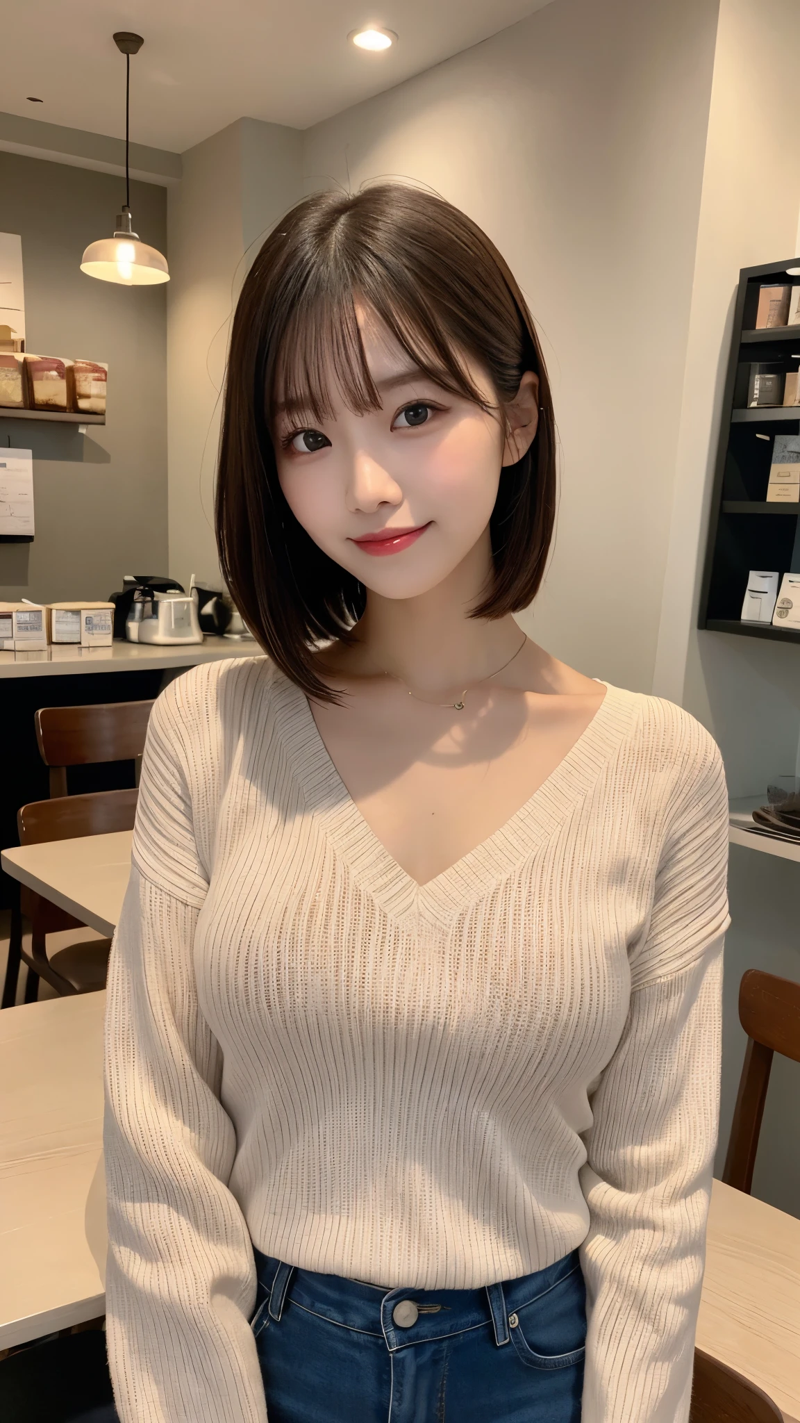 table top, highest quality, shape, full body photo,Super detailed, small details, High resolution, 8k wallpaper, 完璧なダイナミックな構shape, beautiful and detailed eyes, long sleeve knit,shoulder extension,bob hair, middle of chest, natural color lips, random sexy pose,smile,20 year old girl,big breasts,coffee shop,river,chest strengthening