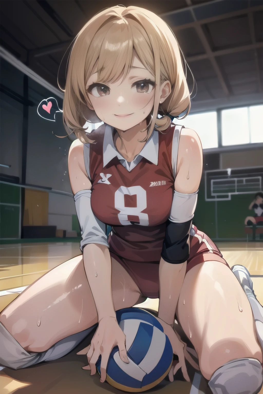 unity 8k wallpaper, anatomically correct, (((masterpiece))), (((best quality))), (((ultra detailed))), (((high-resolution))), ((Ultimate cutie)), perfect hands, perfect finger, (((good anatomy))), detailed beautiful face, shiny hair, (((gyaru))), (potbelly), (curvy), medium breasts, ((Thick thighs)), (((solo))), ((seductive smile)), (((blush))),
BREAK, (((sit astride the perfectly spherical shape 6-inch volleyball))), (((Straddling a perfectly spherical 6" volleyball))), (((Perfectly spherical 6" volleyball fits perfectly crotch))), BREAK, (((Rub the Perfectly spherical 6" volleyball against crotch))), (masturbation),
BREAK, (Collared volleyball uniforms), sleeveless, ((buruma)), ((kneepad)), pussy juice stained, (elbow pad), (((sweat))), (((covered in sweat))), ((deep breathing)), in Volleyball Court, indoor, lighting, looking at viewer, full body, (spoken heart)