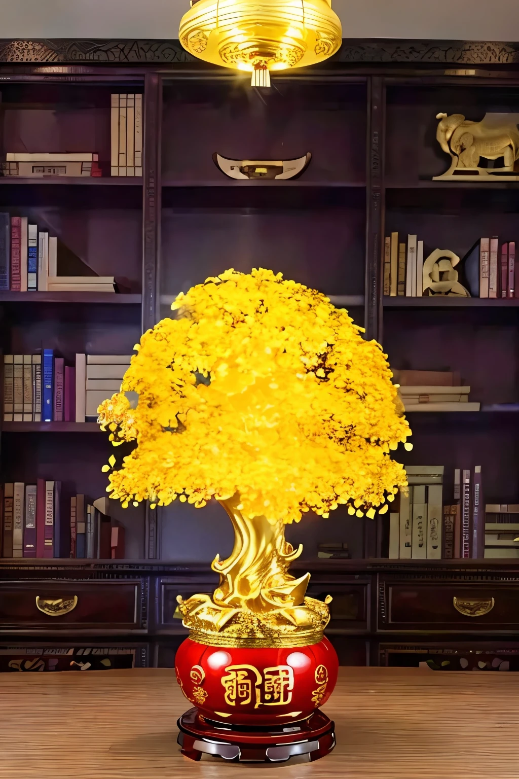 (masterpiece, best quality:1.2), money tree，，In a room decorated with Chinese New Year，Red Lantern（ （（充满奇幻元素的masterpiece））） （（best quality））， （（intricate details））（8k）