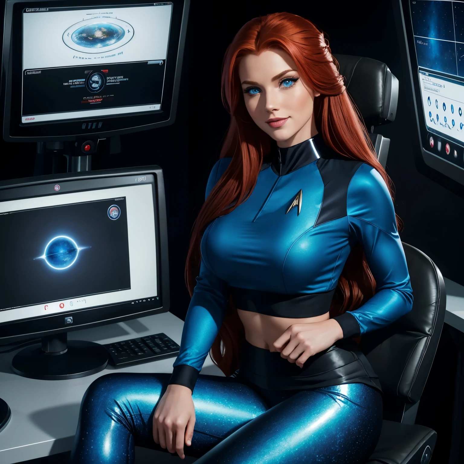 masterpiece, full body, a beautiful 25 year old woman, long red hair, sparkling blue eyes, kissable lips, sweet smile, heavy dark eye makeup, friendly and inviting, fit bombshell body, star trek uniform, skirt, leggings, enterprise, sitting in sick bay working at scfi-fi computer station, holographic tech displays