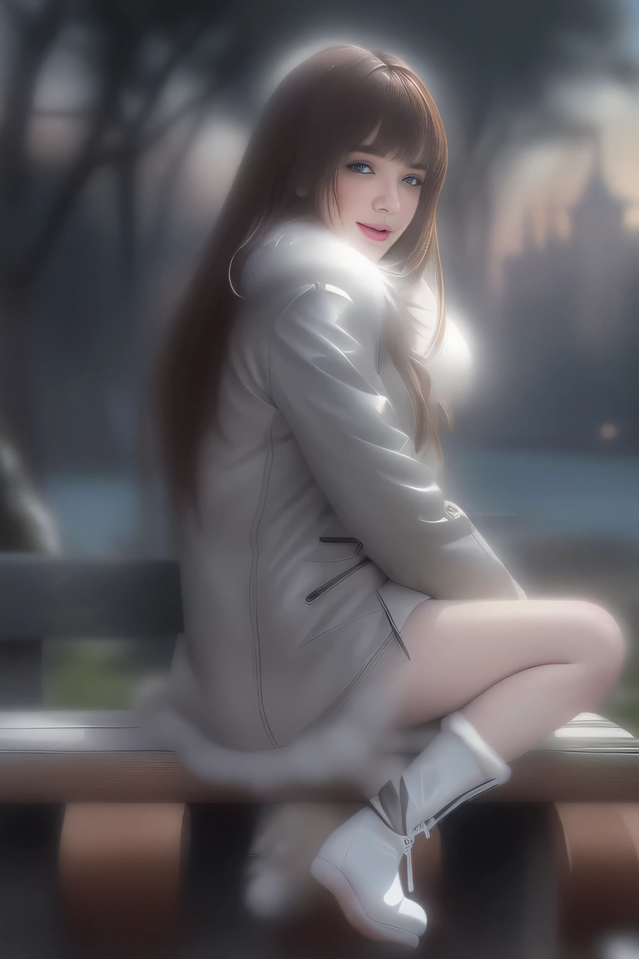 (Girl sitting on a bench in a lakeside park)(surreal)、(enlightenment)、(High resolution)、(8k)、(very detailed)、(Best Illustration)、(beautiful detailed eyes)、(highest quality)、(super detailed)、(masterpiece)、(wallpaper)、(detailed face)、solo、1 girl、slim、looking at the viewer、Detailed、detailed face、in the dark night、deep shadow、low key、Pure erotic face ace_v1、laughter、(long chestnut straight hair)、46 point diagonal bangs、(white fur half coat)、(black leather miniskirt)、(barefoot)、(White Half Boots)、(Old European castles are hazy in the background),(white panties are visible)