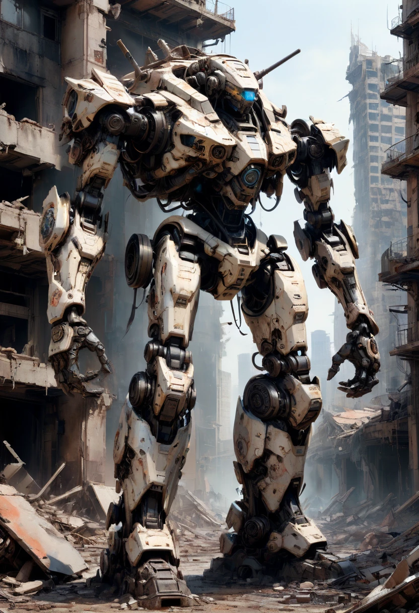 Abandoned Mech, broken half body, city ruins, Sandification, dust, (best quality, masterpiece, Representative work, official art, Professional, Ultra intricate detailed, 8k:1.3)