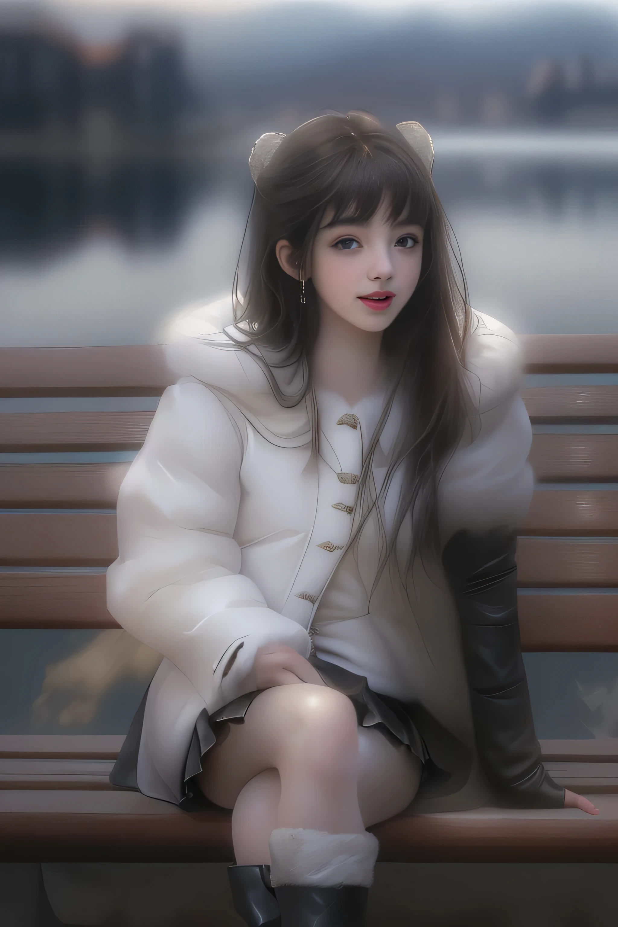 (Girl sitting on a bench in a lakeside park)(surreal)、(enlightenment)、(High resolution)、(8k)、(very detailed)、(Best Illustration)、(beautiful detailed eyes)、(highest quality)、(super detailed)、(masterpiece)、(wallpaper)、(detailed face)、solo、1 girl、slim、looking at the viewer、Detailed、detailed face、in the dark night、deep shadow、low key、Pure erotic face ace_v1、laughter、(long chestnut straight hair)、46 point diagonal bangs、(white fur half coat)、(black leather miniskirt)、(barefoot)、(White Half Boots)、(Old European castles are hazy in the background),(white panties are visible)