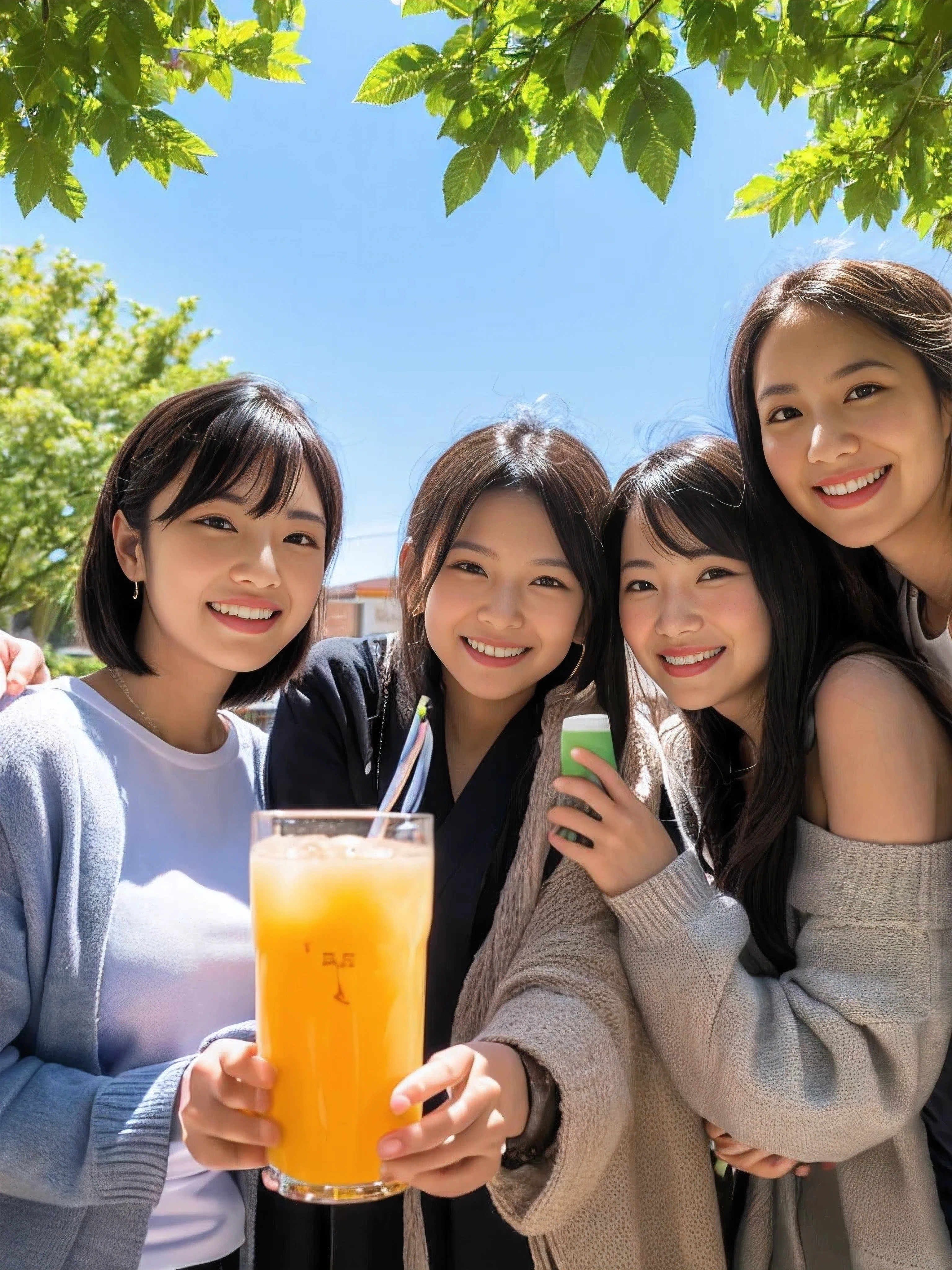 ((Best quality, masterpiece)), five lifelong friends,japanese idol,costume,((orange juice)), warmly embracing, smiling ear-to-ear, surrounded by lush greenery and a crisp blue sky, basking in the sunshine of a perfect day.