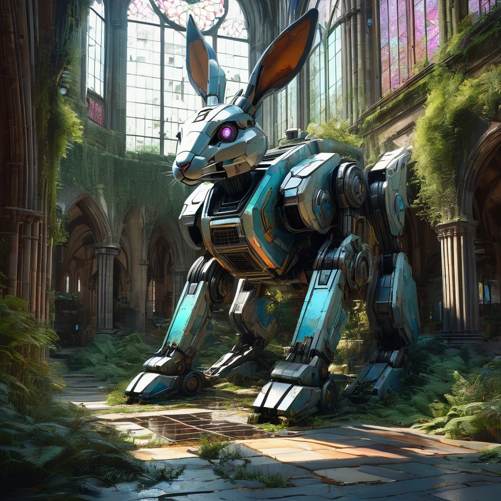 Abandoned Mech, aesthetic, extremely detailed, eye catching, drab, abandoned cathedral ruin, broken stained glass on the floor. Overgrown, city ruins, deer in the courtyard, a breathtaking artwork by Jean Baptiste Monge, Andree Wallin, Thomas Kincade, Geoffroy Thoorens, Krenz Cushart, Epic scale, highly detailed, clear environment, triadic colors cinematic light 16k resolution, Giant mecha robot rabbit abandoned!! :: concept art, 16k resolution digital art by Klaus Wittmann, Alejandro Burdisio, Ismail Inceoglu, Jeremy Mann, Ilya Kuvshinov, highly detailed, hyperrealistic, volumetric lighting, Muted colors, striking, beautifully lit, smooth sharp focus, trending on Artstation