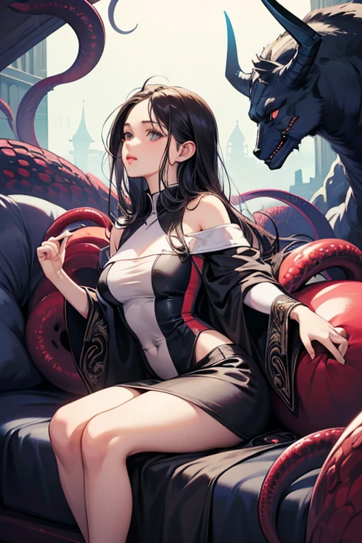 Anime girl sitting on sofa with a bunch of demonic creatures, tentacles around and fine details. Anime. tentacles, anime monster girl, tentacles, demon anime girl, demon beast, seductive anime girl