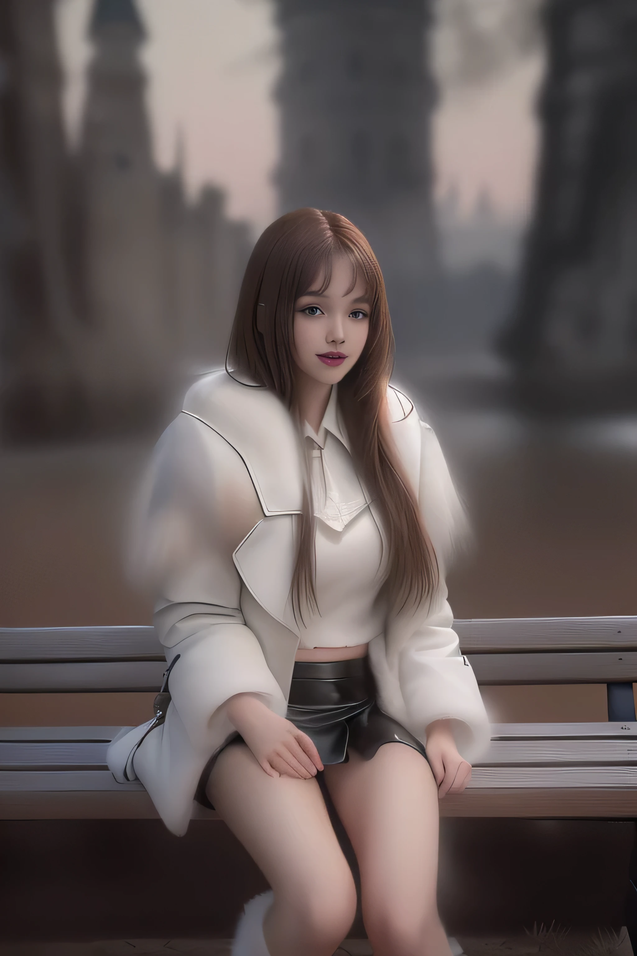 (Girl sitting on a bench in a lakeside park）(surreal)、(enlightenment)、(High resolution)、(8k)、(very detailed)、(Best Illustration)、(beautiful detailed eyes)、(highest quality)、(super detailed)、(masterpiece)、(wallpaper）、（detailed face）、solo、1 girl、slim、looking at the viewer、Detailed、detailed face、in the dark night、deep shadow、low key、Pure erotic face ace_v1、laughter、(long chestnut straight hair)、46 point diagonal bangs、(white fur half coat)、(black leather miniskirt)、(barefoot)、(White Half Boots)、(Old European castles are hazy in the background),(white panties are visible)