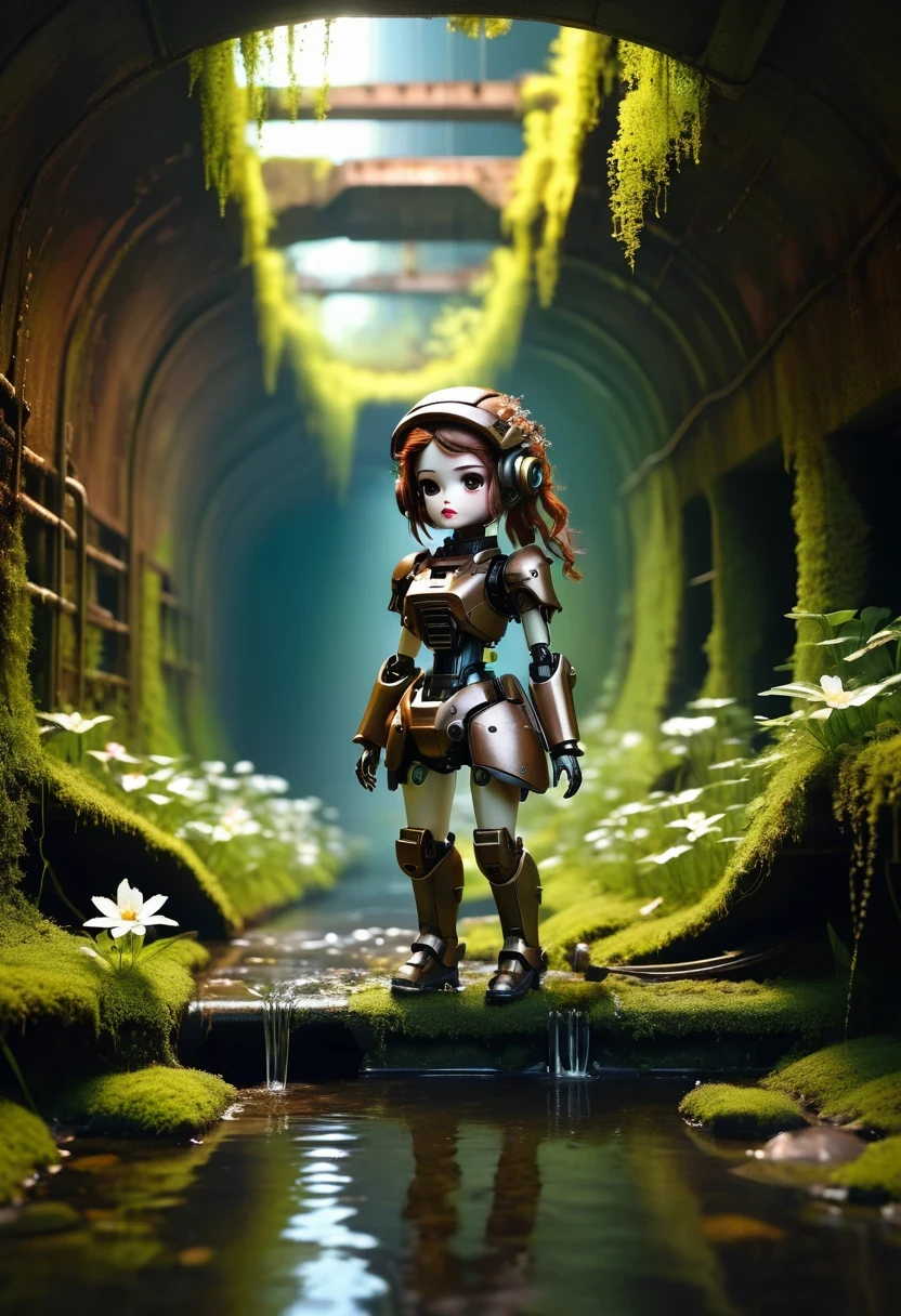 （best quality，masterpiece：1.2，Detail of the mechanical doll in the sewer，Broken mecha doll，old，stale，long time ago，Rusty，moss，weeds，a small white flower