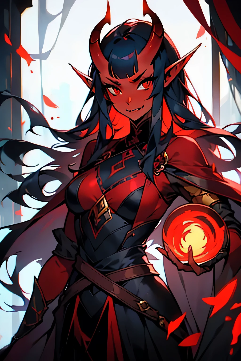 1 mature girl, red skin, long black hair with curtain bangs, sharp teeth, elf ears, red eyes, horns on forehead, oni horns, seductive expression, 8k, highdef, ultrares
