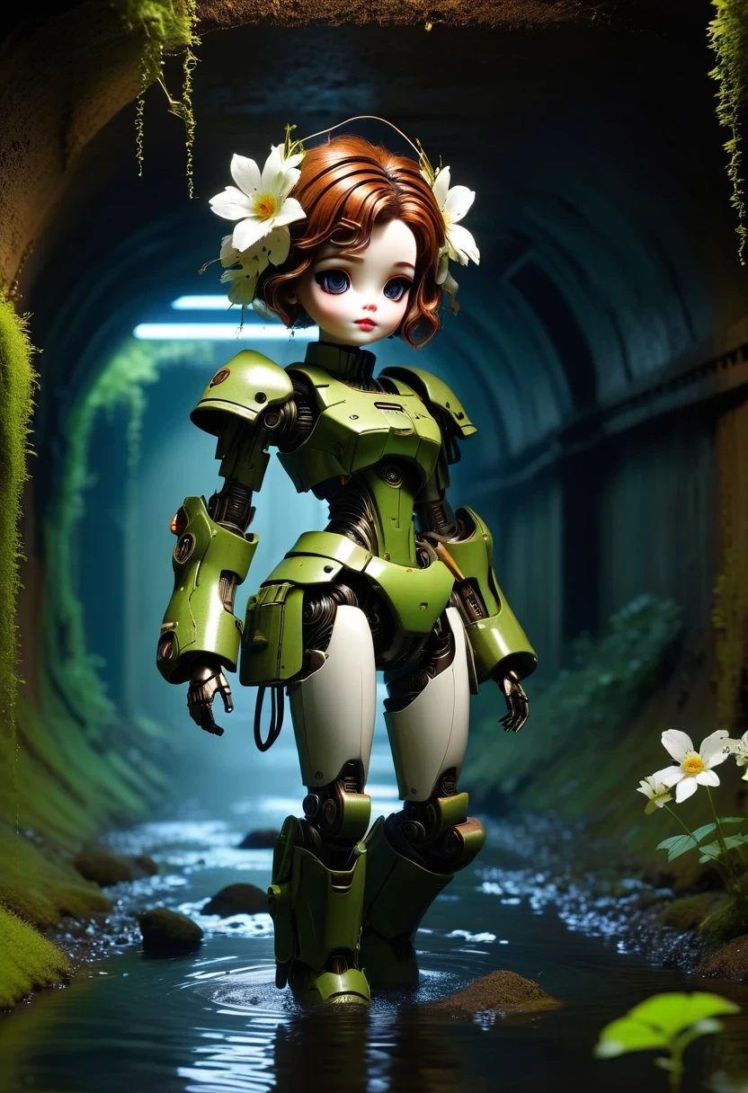 （best quality，masterpiece：1.2，Detail of the mechanical doll in the sewer，Broken mecha doll，old，stale，long time ago，Rusty，moss，weeds，a small white flower
