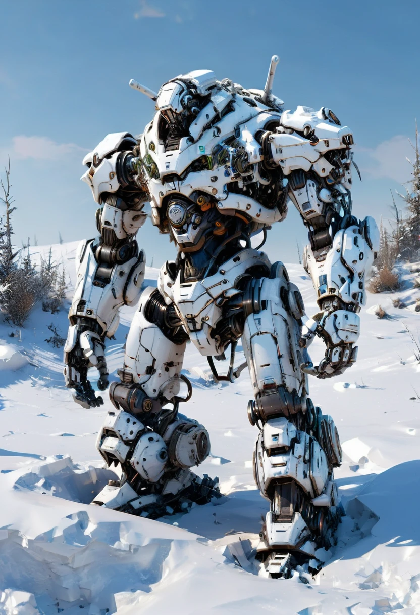 Abandoned Mech, broken body, snowy areas, hidden in snowdrift, (best quality, masterpiece, Representative work, official art, Professional, Ultra intricate detailed, 8k:1.3)