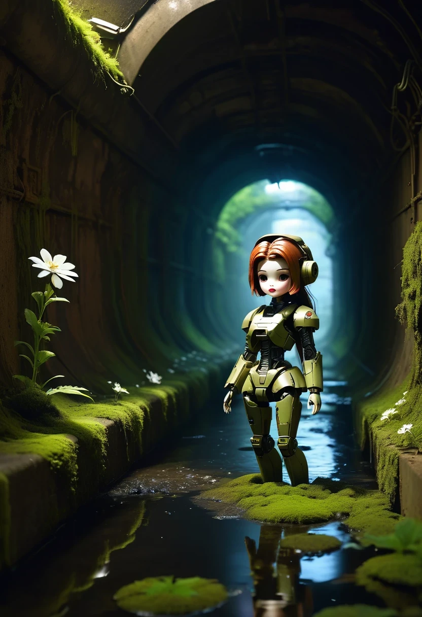 （best quality，masterpiece：1.2，Detail of the mechanical doll in the sewer，Broken mecha doll，old，stale，long time ago，Rusty，moss，weeds，a small white flower