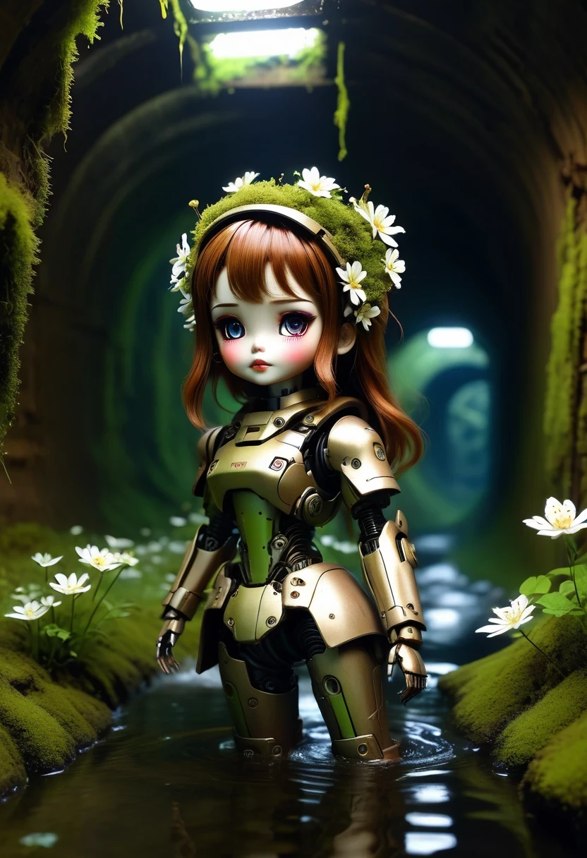 （best quality，masterpiece：1.2，Detail of the mechanical doll in the sewer，Broken mecha doll，old，stale，long time ago，Rusty，moss，weeds，a small white flower
