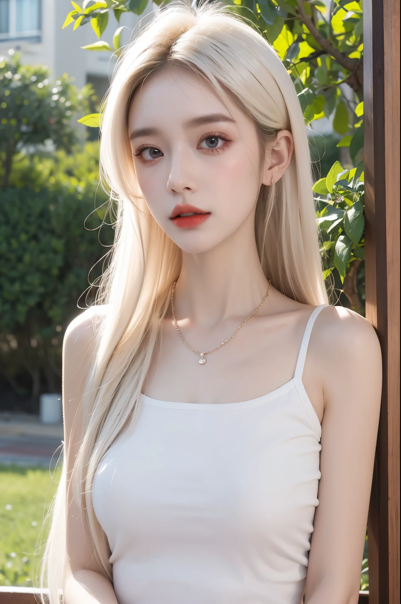 Master Works, Masterpiece, High Quality, High Definition, 32K，A girl, bust, upper body, white body shirt, eyes, fair skin, delicate makeup, necklace, long white hair